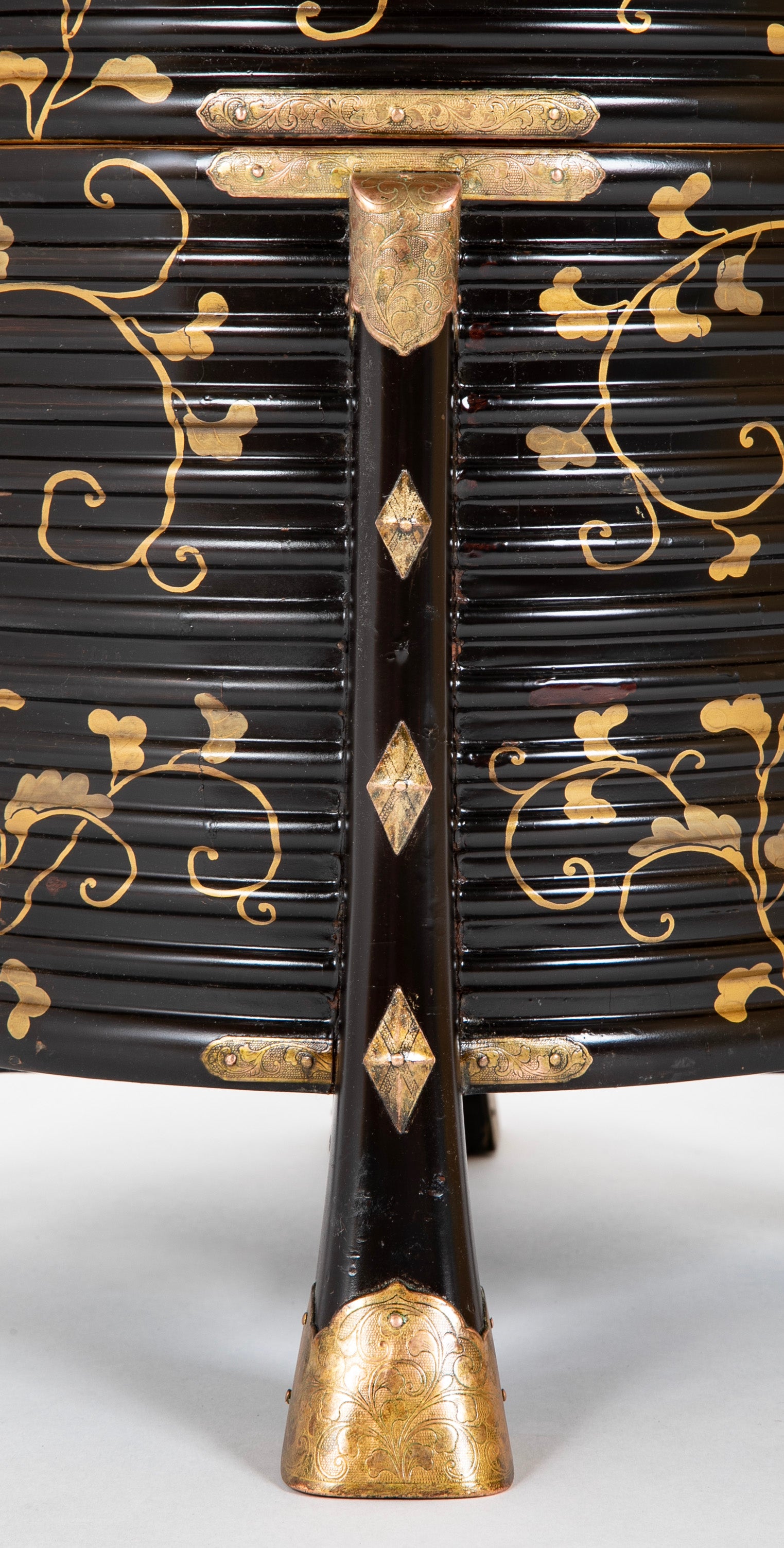 Japanese Four Legged Black Lacquer Container Having Gilt Scrolling Vine Decor