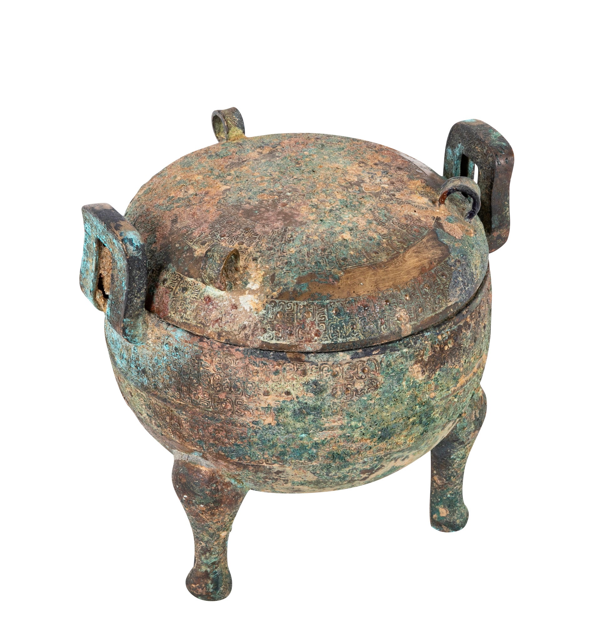 A Chinese Archaic Ding Style Bronze Covered Vessel