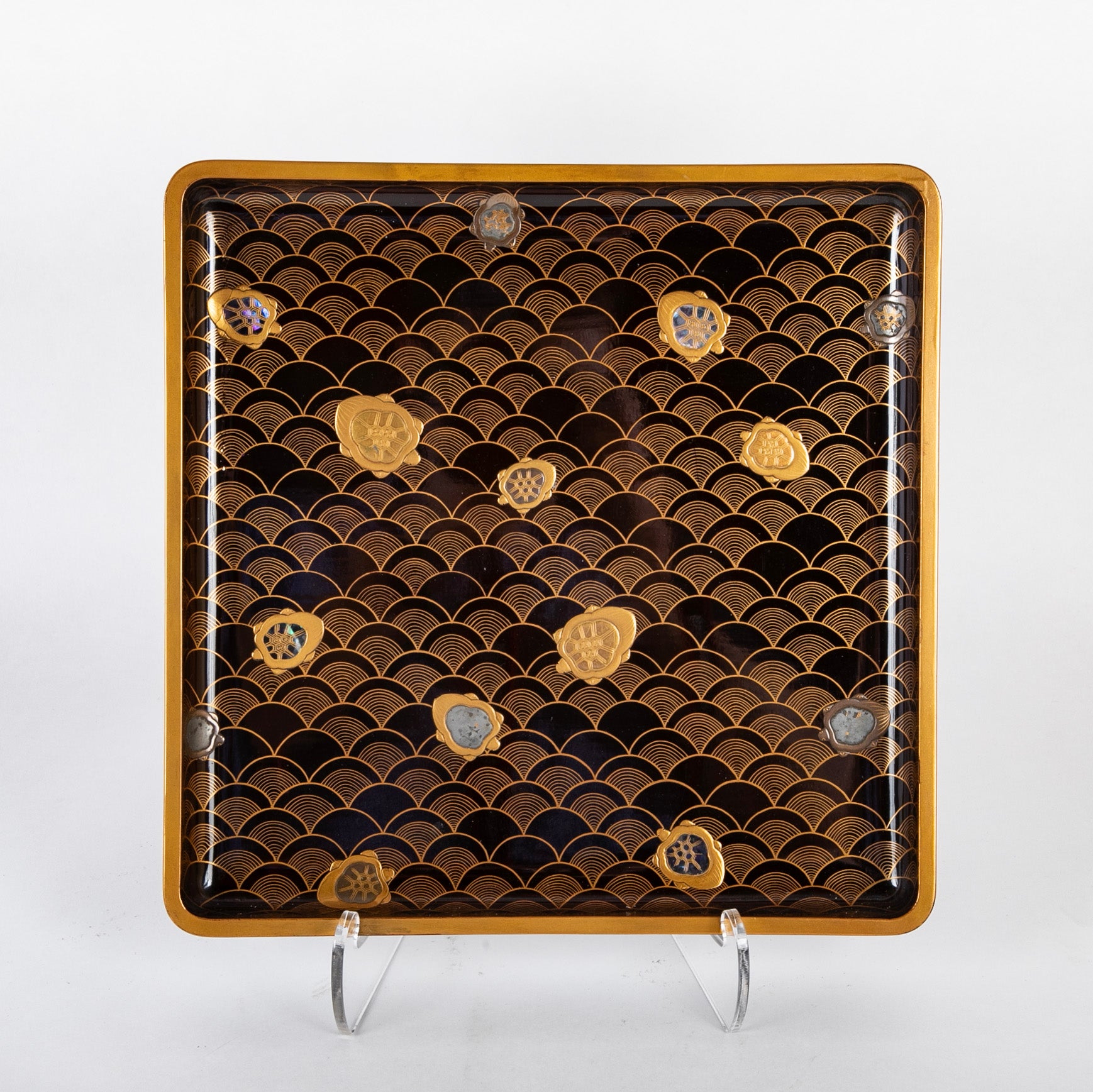 Japanese Black Lacquer Tray with Gold and Silver Takamaki-e Turtle Decor