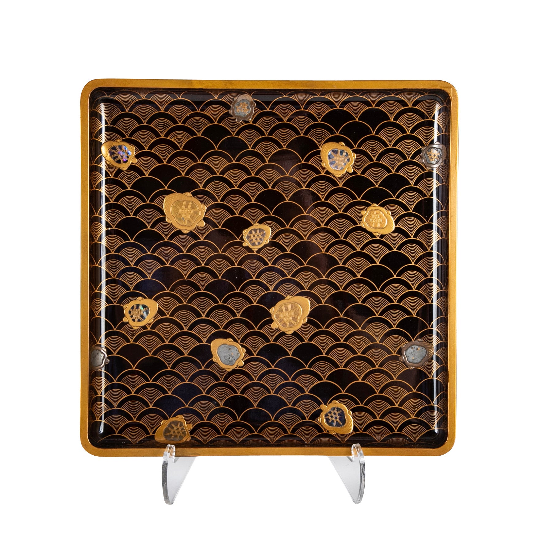 Japanese Black Lacquer Tray with Gold and Silver Takamaki-e Turtle Decor