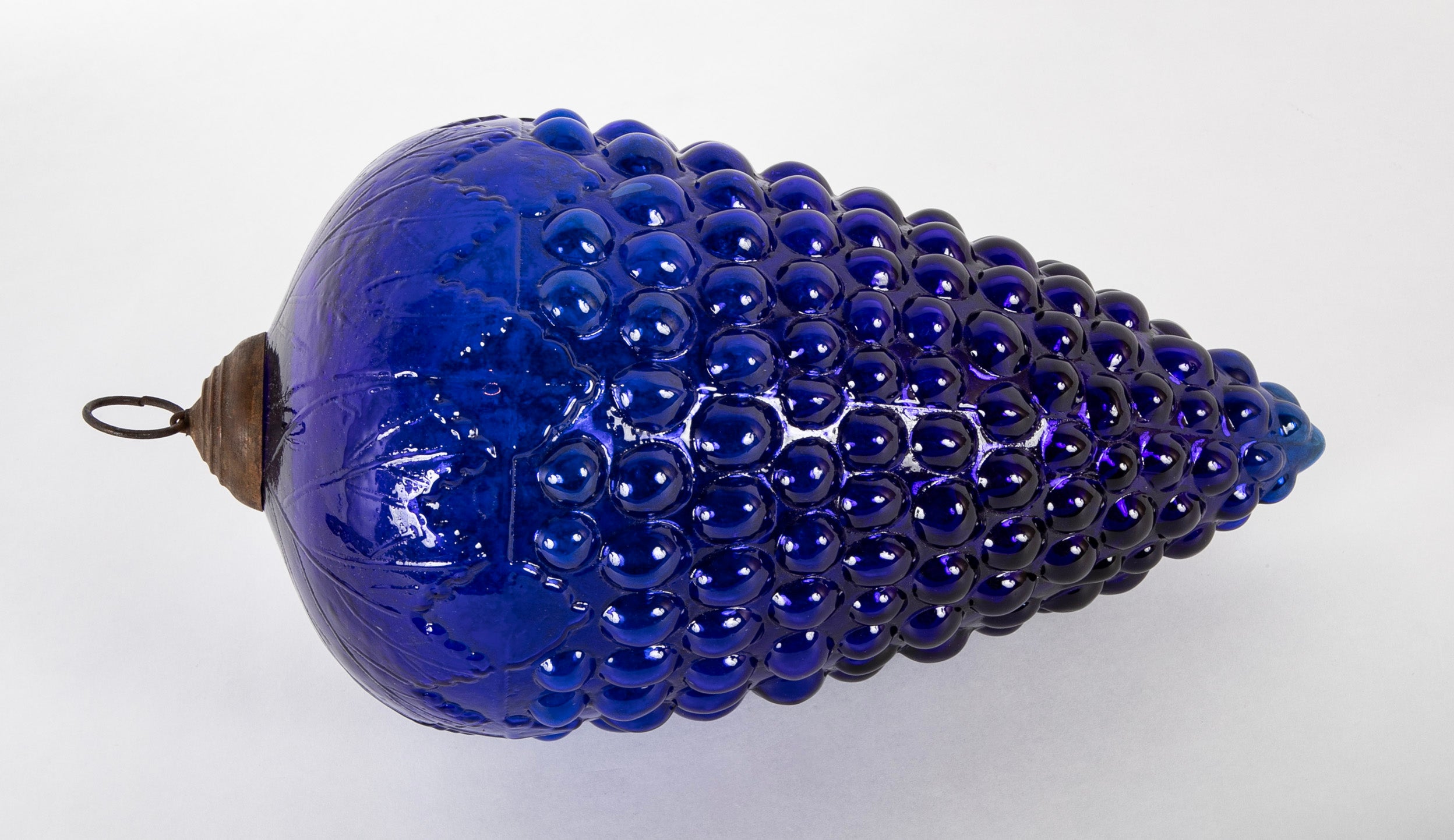 Antique Kugel Blue Glass Grape Cluster Form Ornament with Brass Suspension