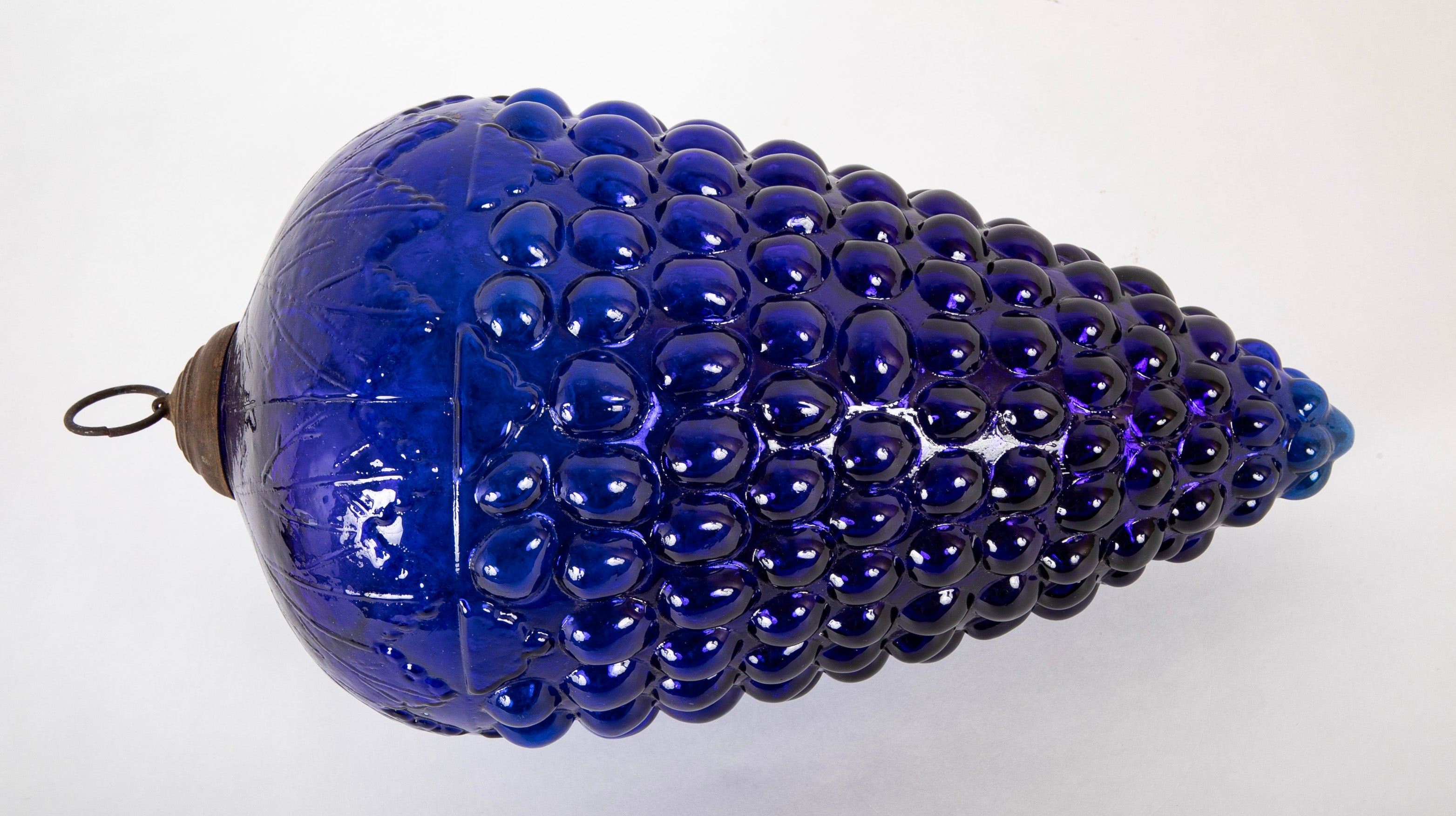 Antique Kugel Blue Glass Grape Cluster Form Ornament with Brass Suspension