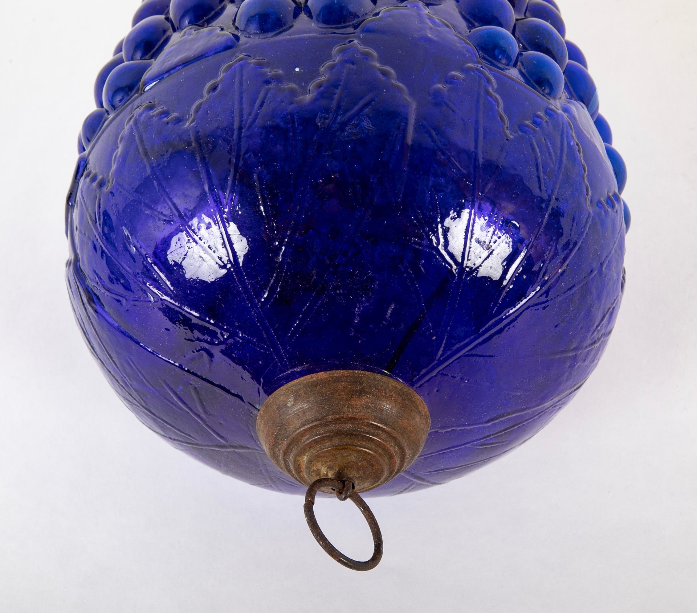 Antique Kugel Blue Glass Grape Cluster Form Ornament with Brass Suspension