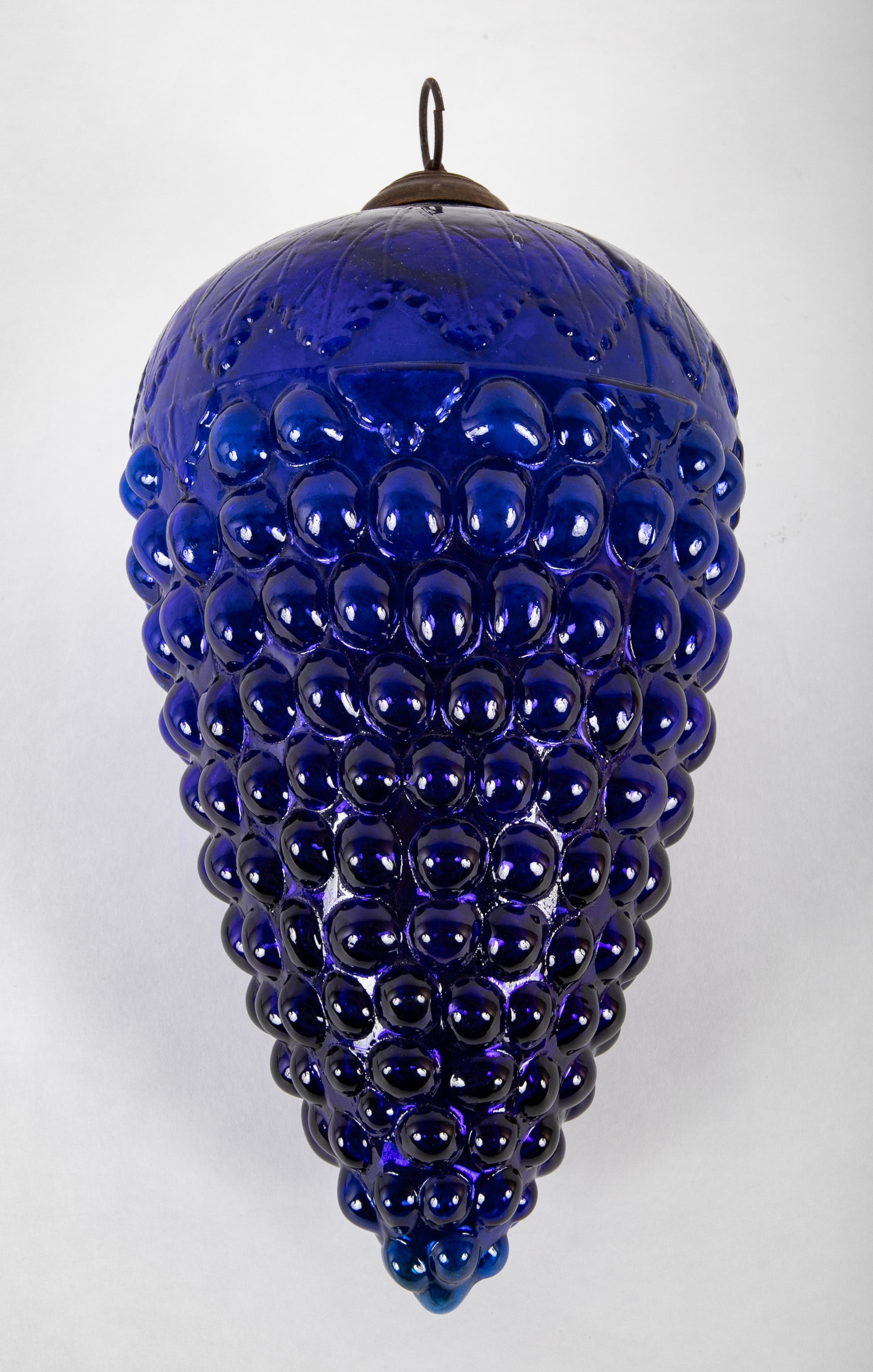 Antique Kugel Blue Glass Grape Cluster Form Ornament with Brass Suspension