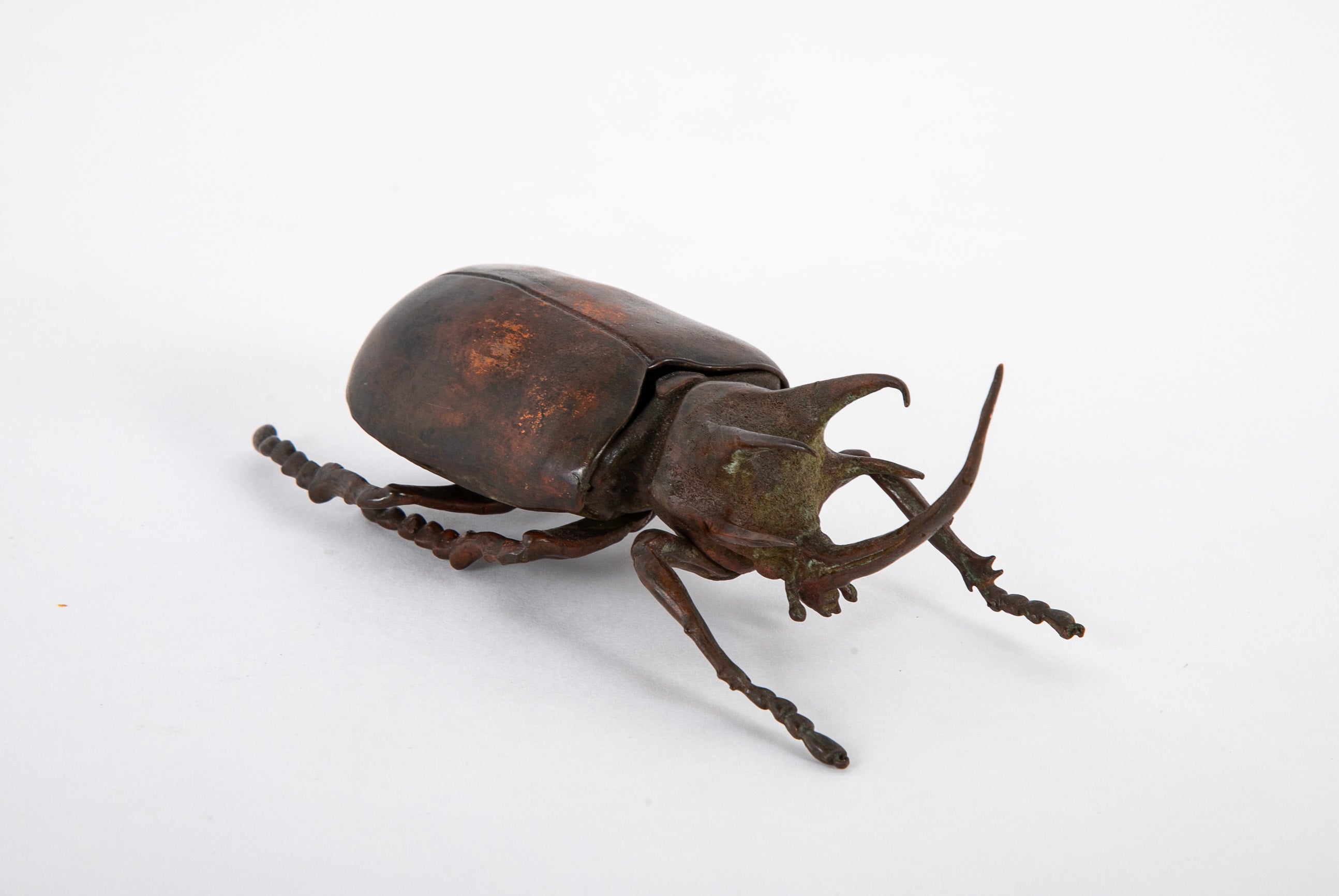 A Japanese Patinated Bronze Rhinoceros Beetle with Opening Back