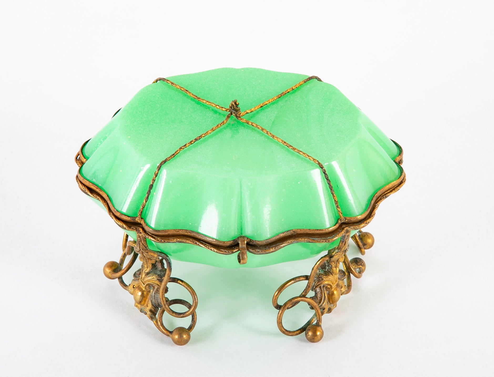 Antique French Opaline Glass Box of Rare Shape & Mounts