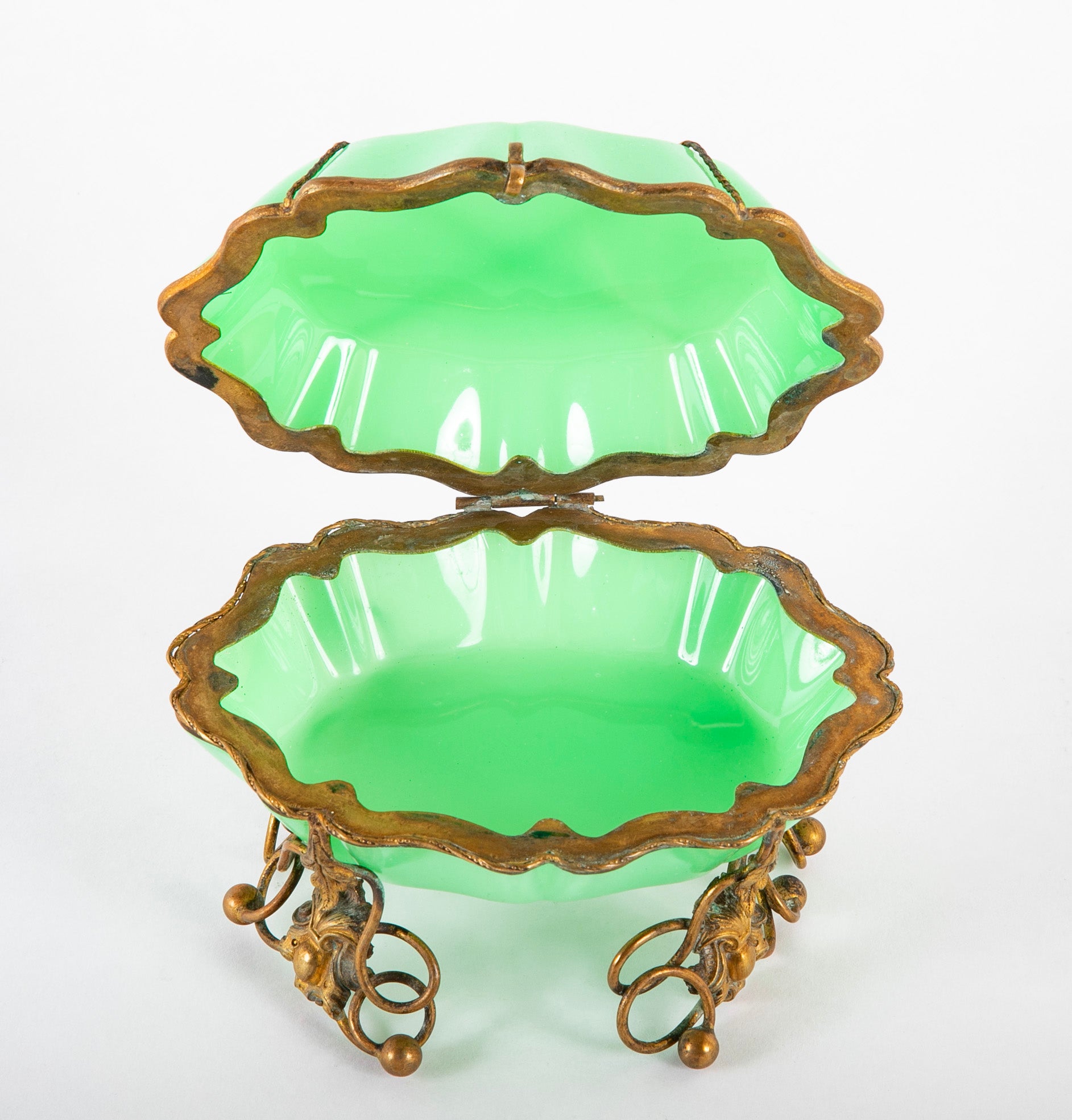 Antique French Opaline Glass Box of Rare Shape & Mounts