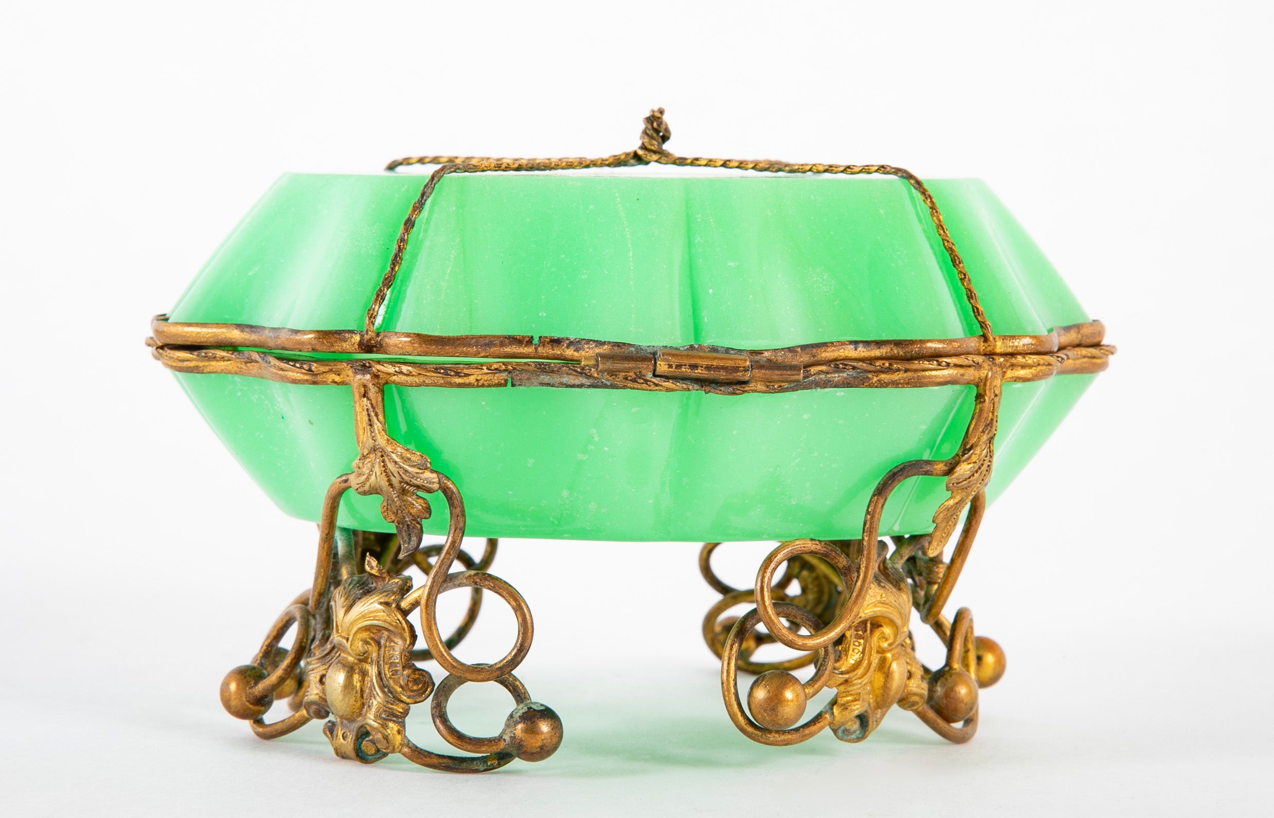 Antique French Opaline Glass Box of Rare Shape & Mounts