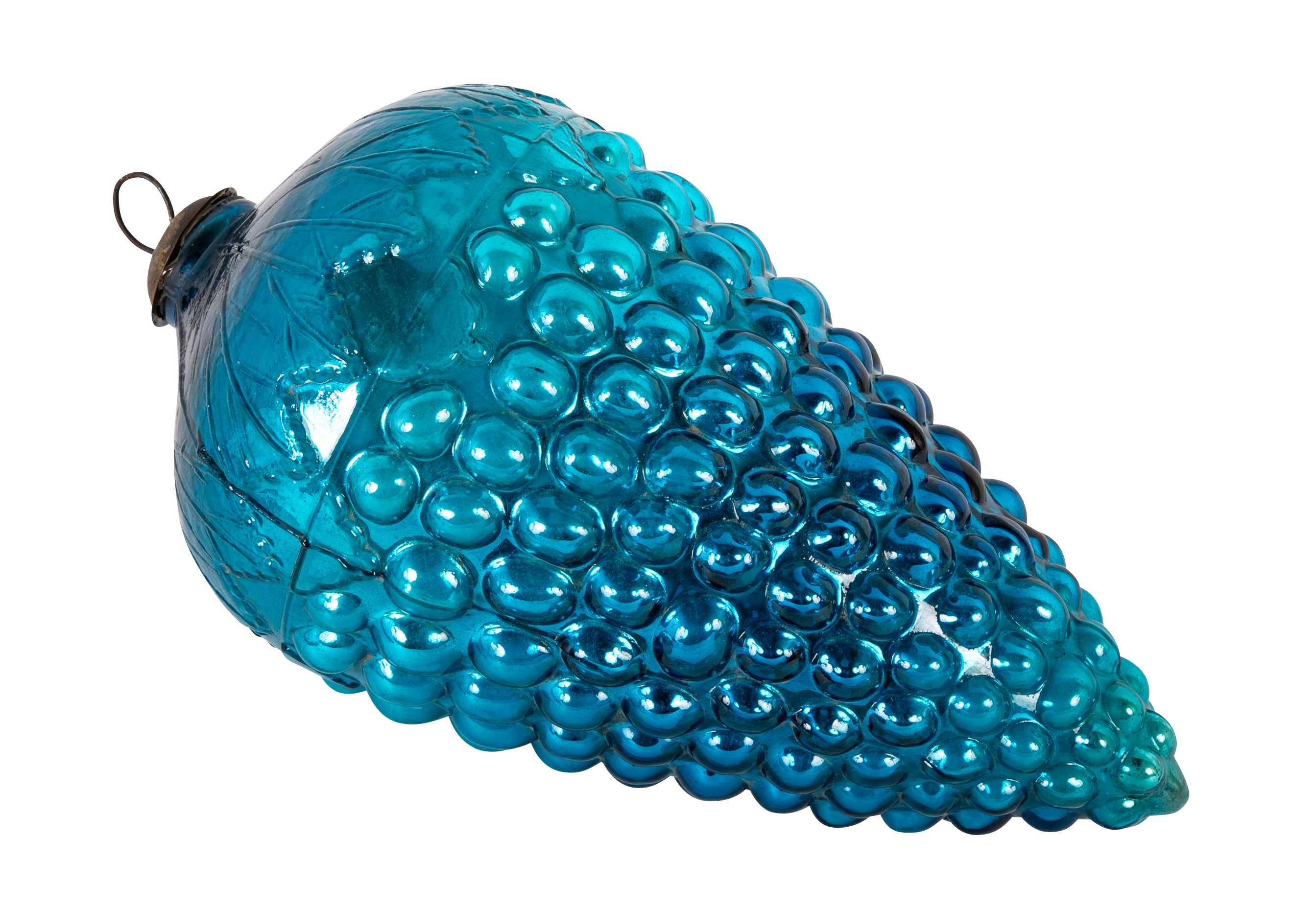 Antique Kugel Blue Glass Grape Cluster Form Ornament with Brass Suspension