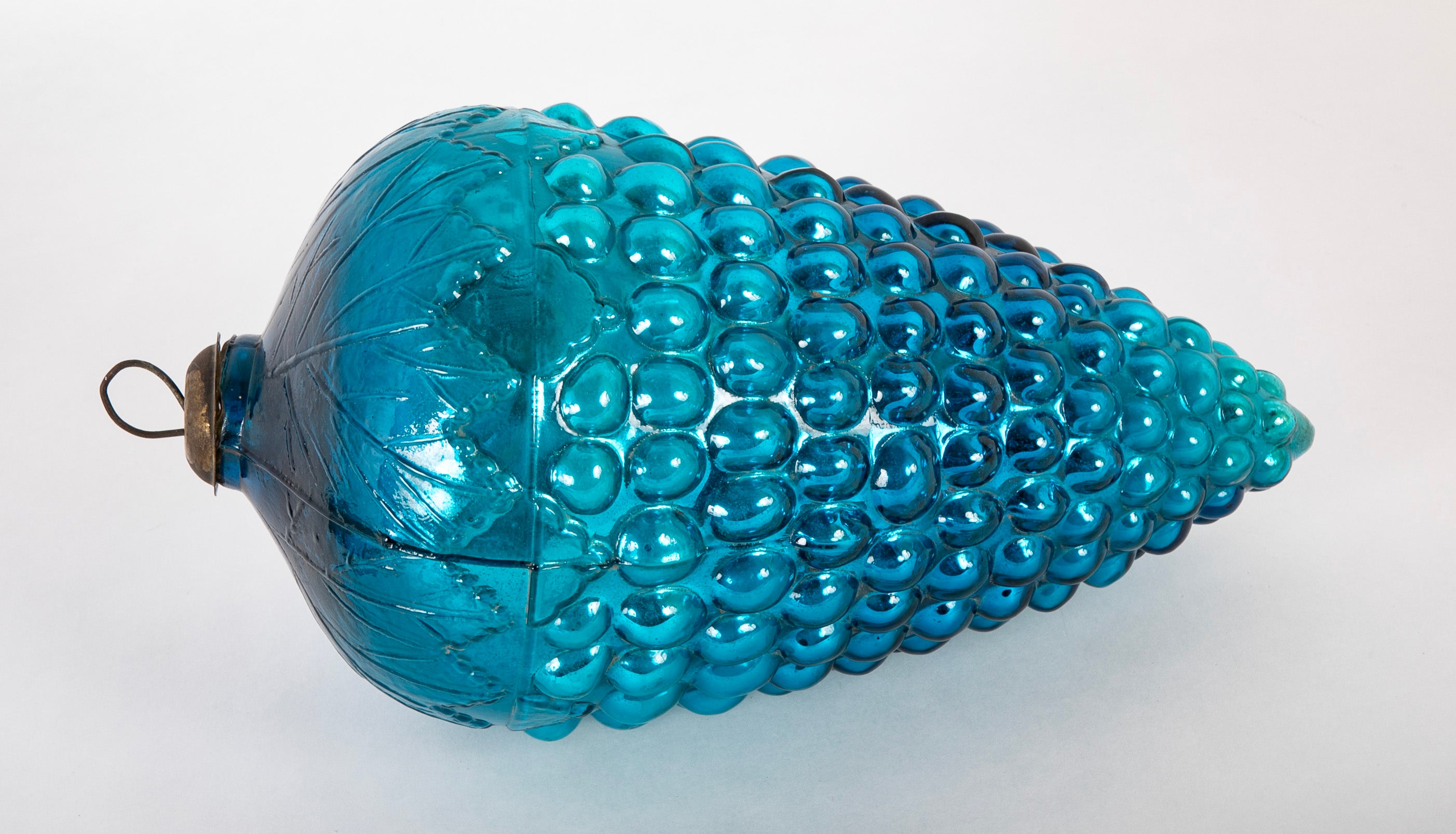 Antique Kugel Blue Glass Grape Cluster Form Ornament with Brass Suspension