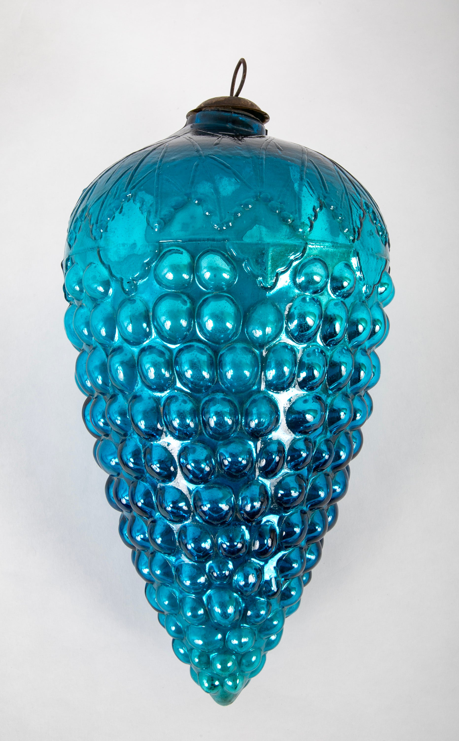 Antique Kugel Blue Glass Grape Cluster Form Ornament with Brass Suspension