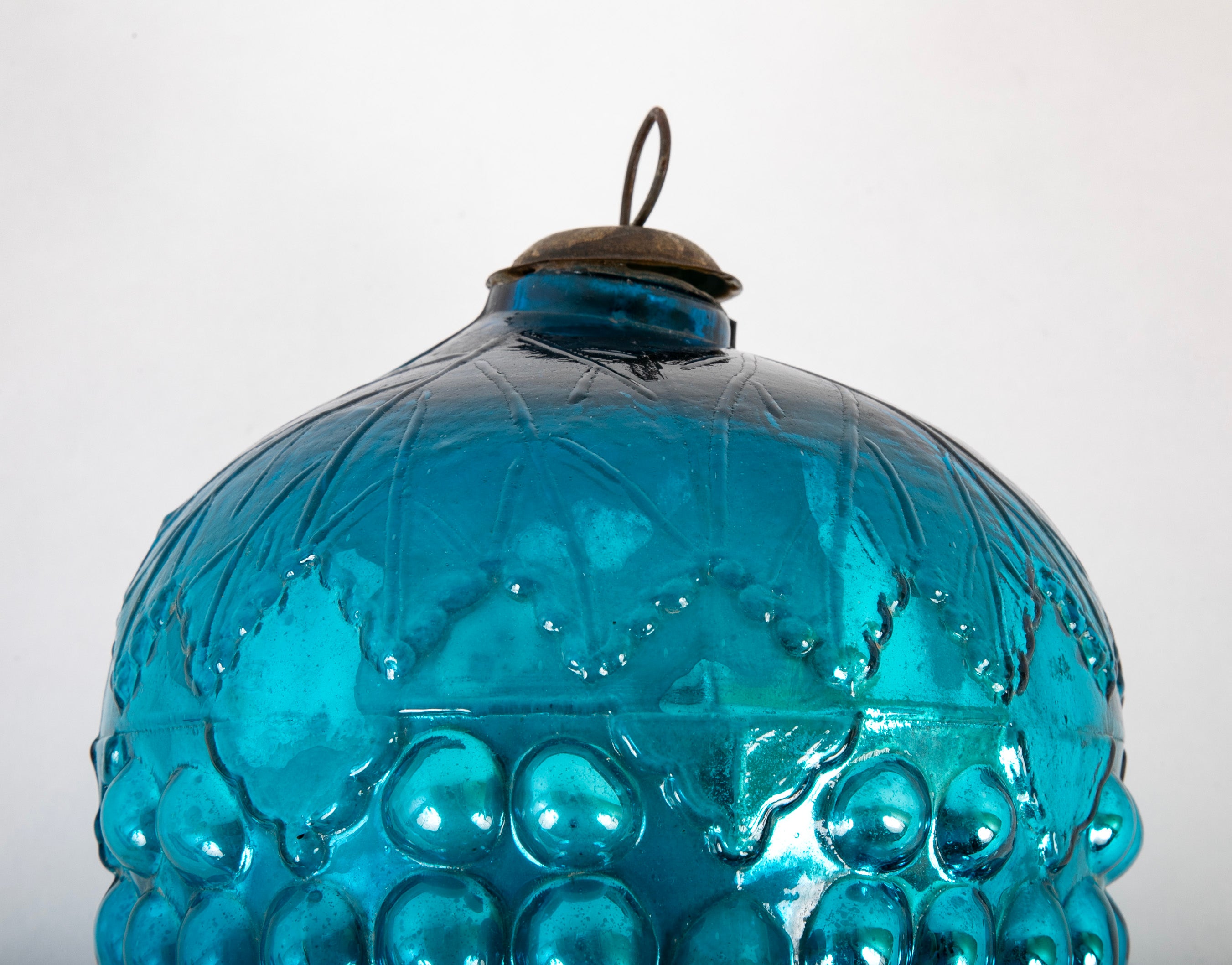 Antique Kugel Blue Glass Grape Cluster Form Ornament with Brass Suspension