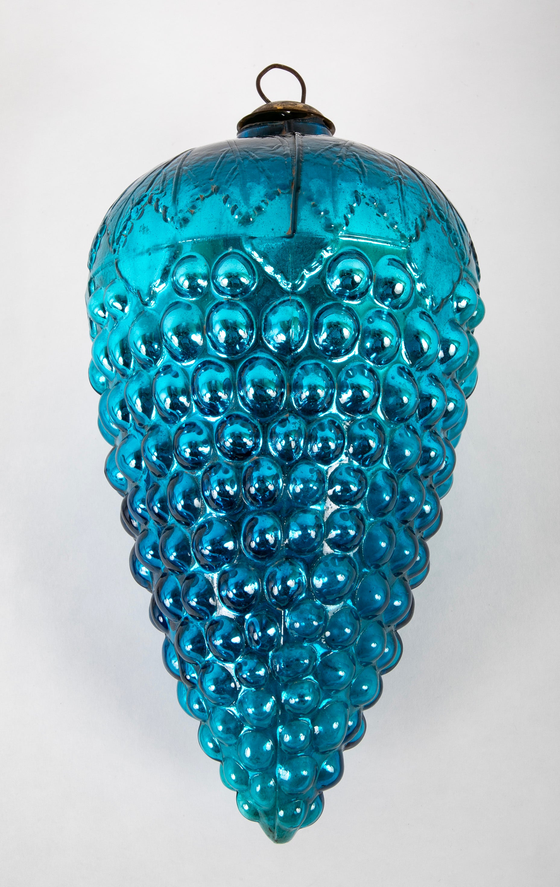 Antique Kugel Blue Glass Grape Cluster Form Ornament with Brass Suspension
