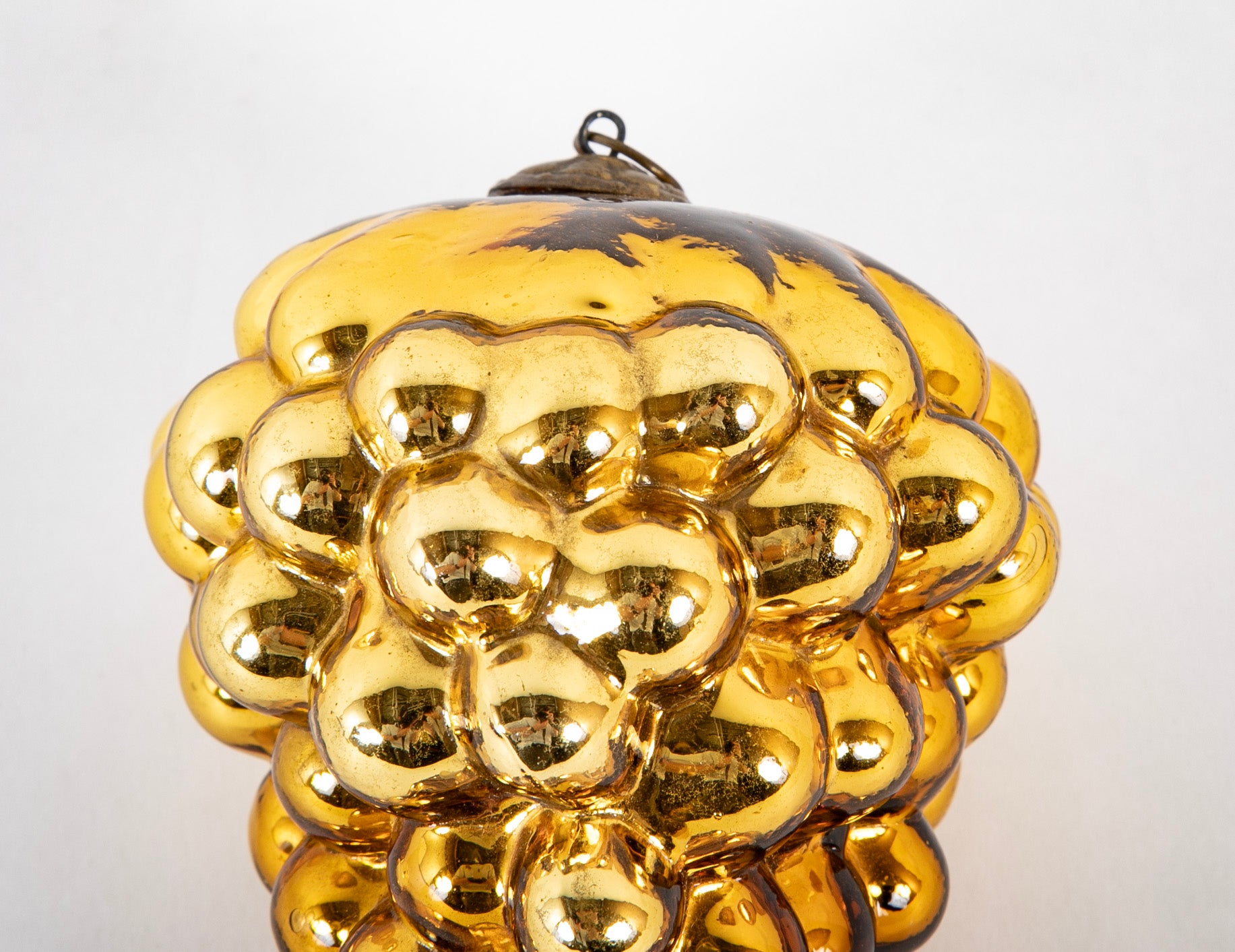 Antique Kugel Gold Glass Grape Cluster Form Ornament with Beehive Brass Cap