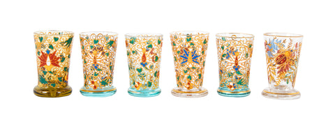 A Set of 6 Handblown Liqueur Glasses with Enamel Decoration