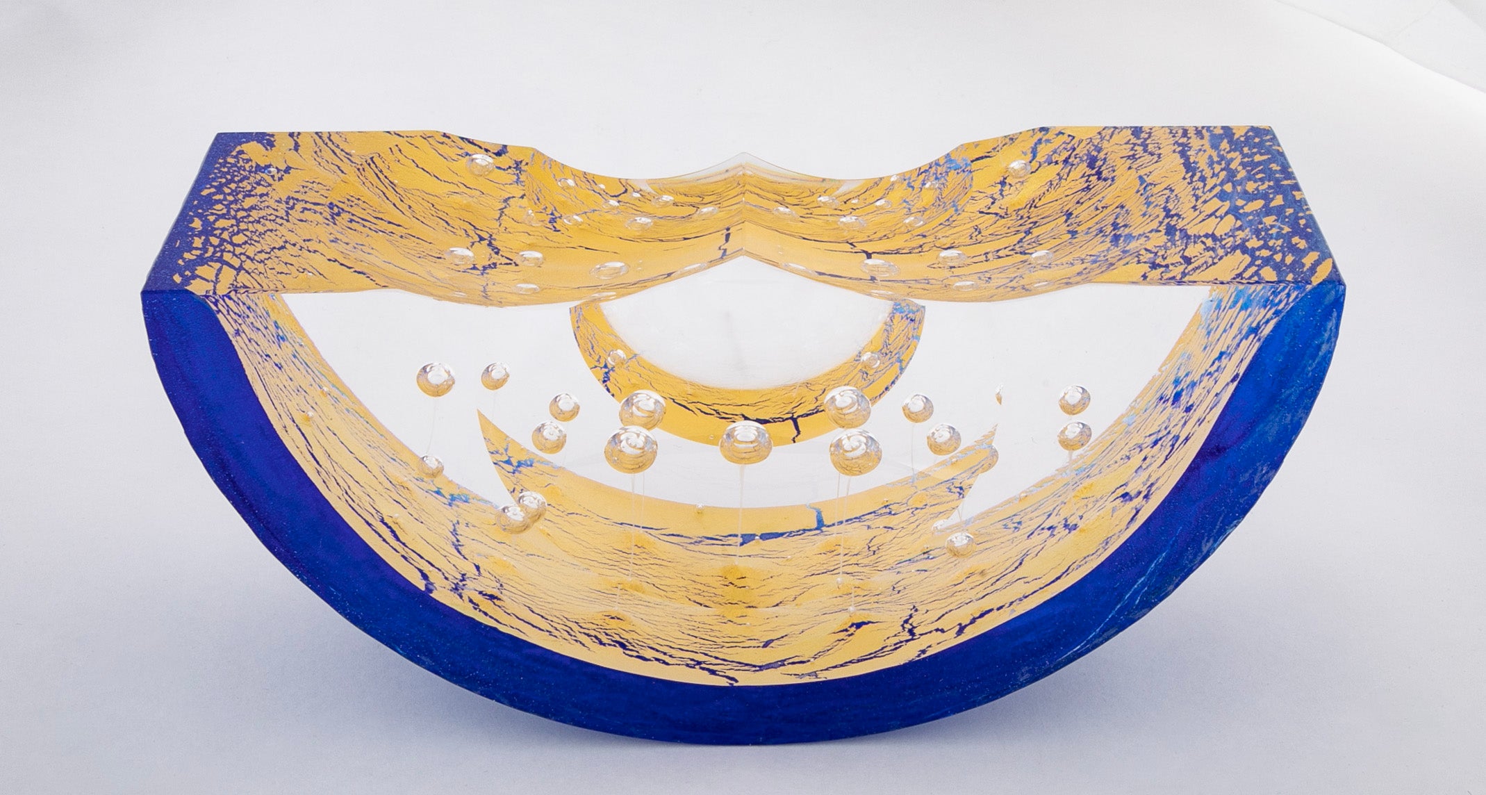 "Thimbles Boat" Contemporary Blue & Clear with Splashes of Gold Glass Sculpture by Steven Weinberg