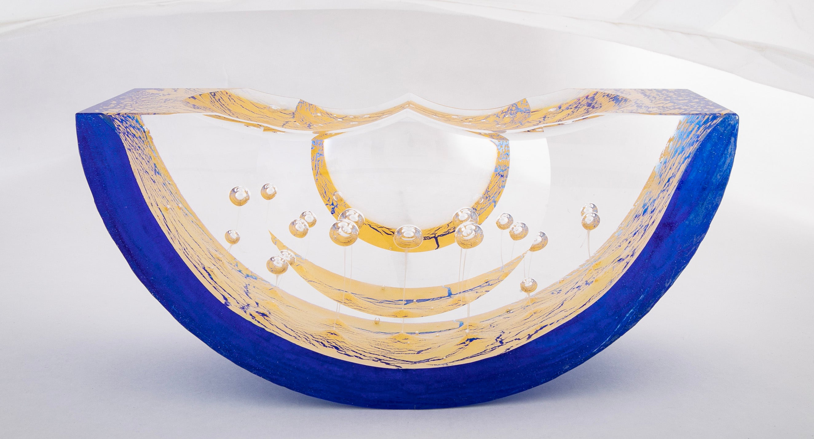 "Thimbles Boat" Contemporary Blue & Clear with Splashes of Gold Glass Sculpture by Steven Weinberg
