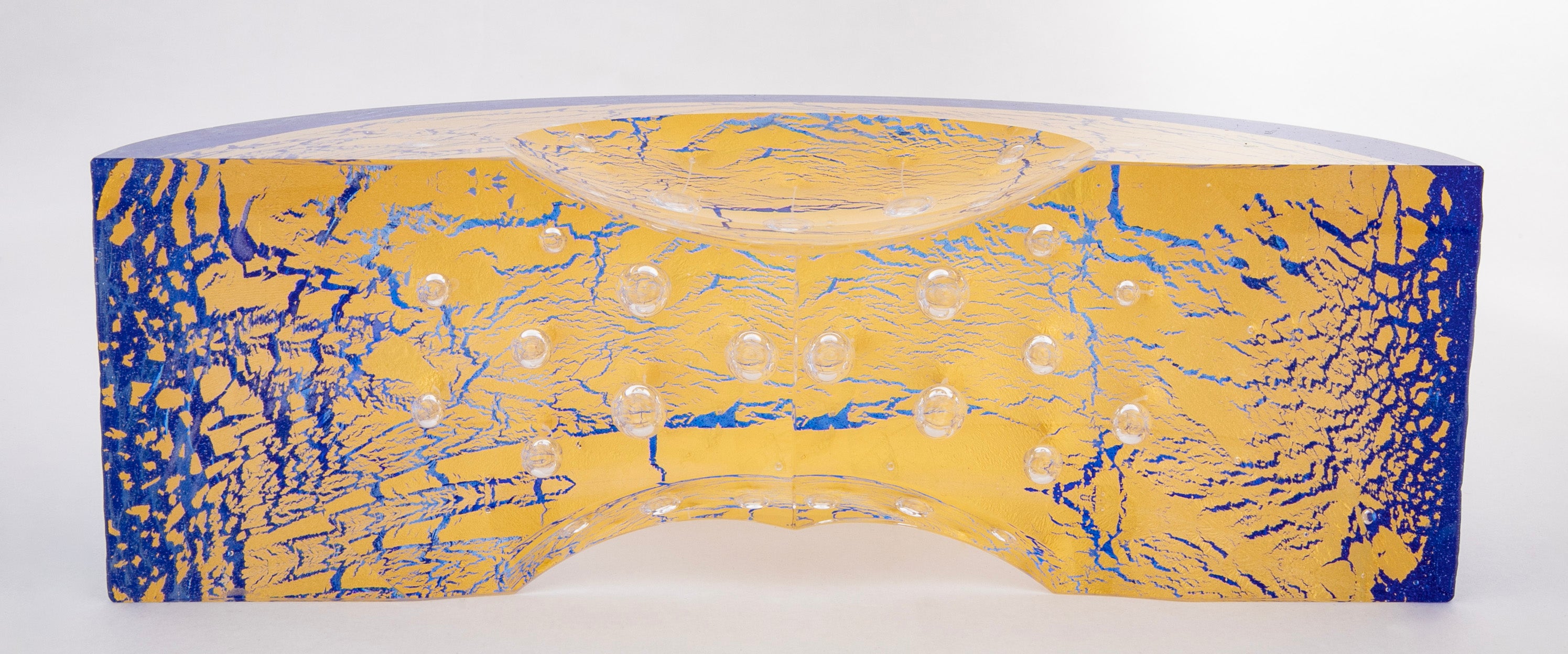 "Thimbles Boat" Contemporary Blue & Clear with Splashes of Gold Glass Sculpture by Steven Weinberg