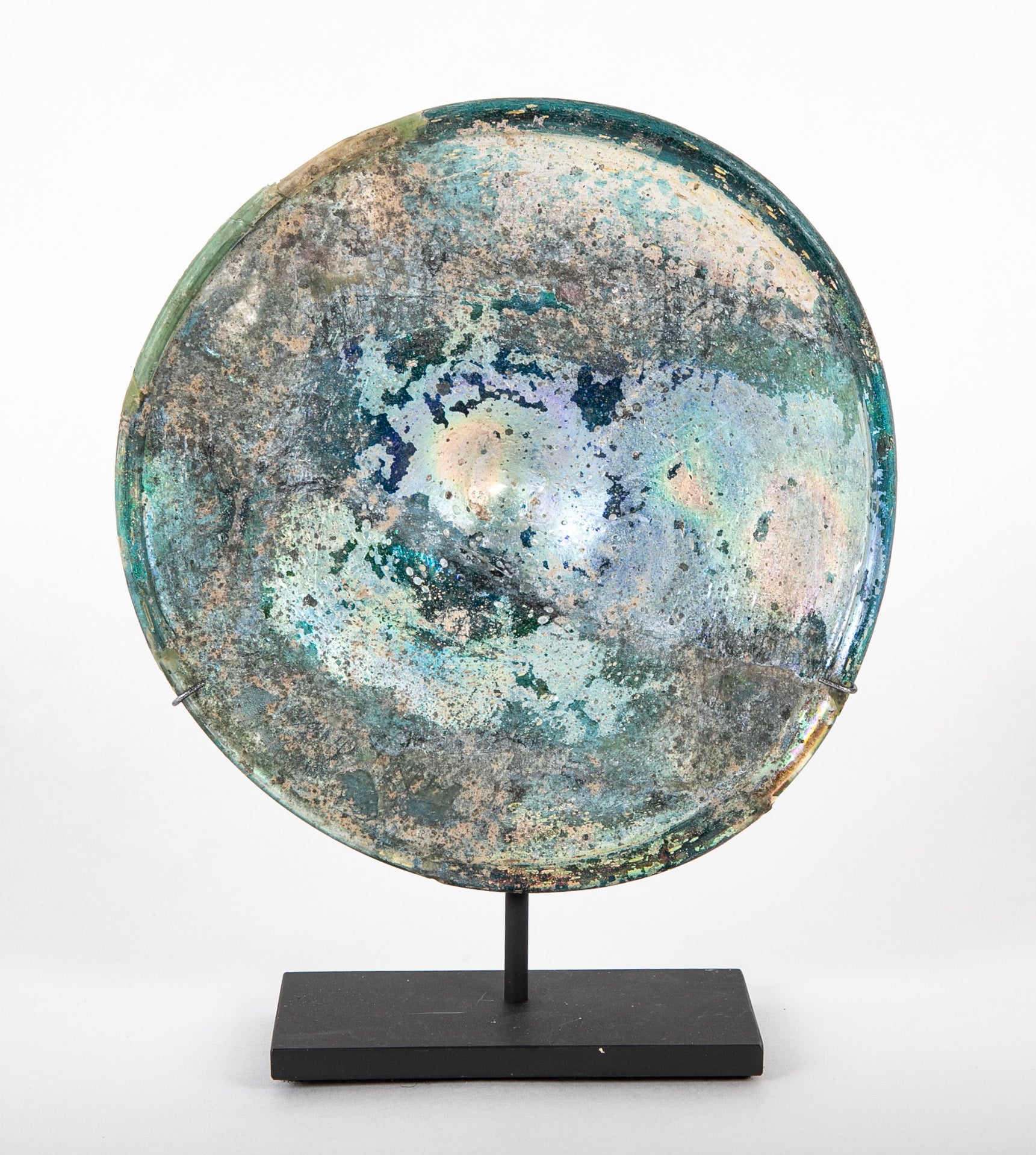 Roman Imperial Period Iridescent Glass Dish on Modern Stand