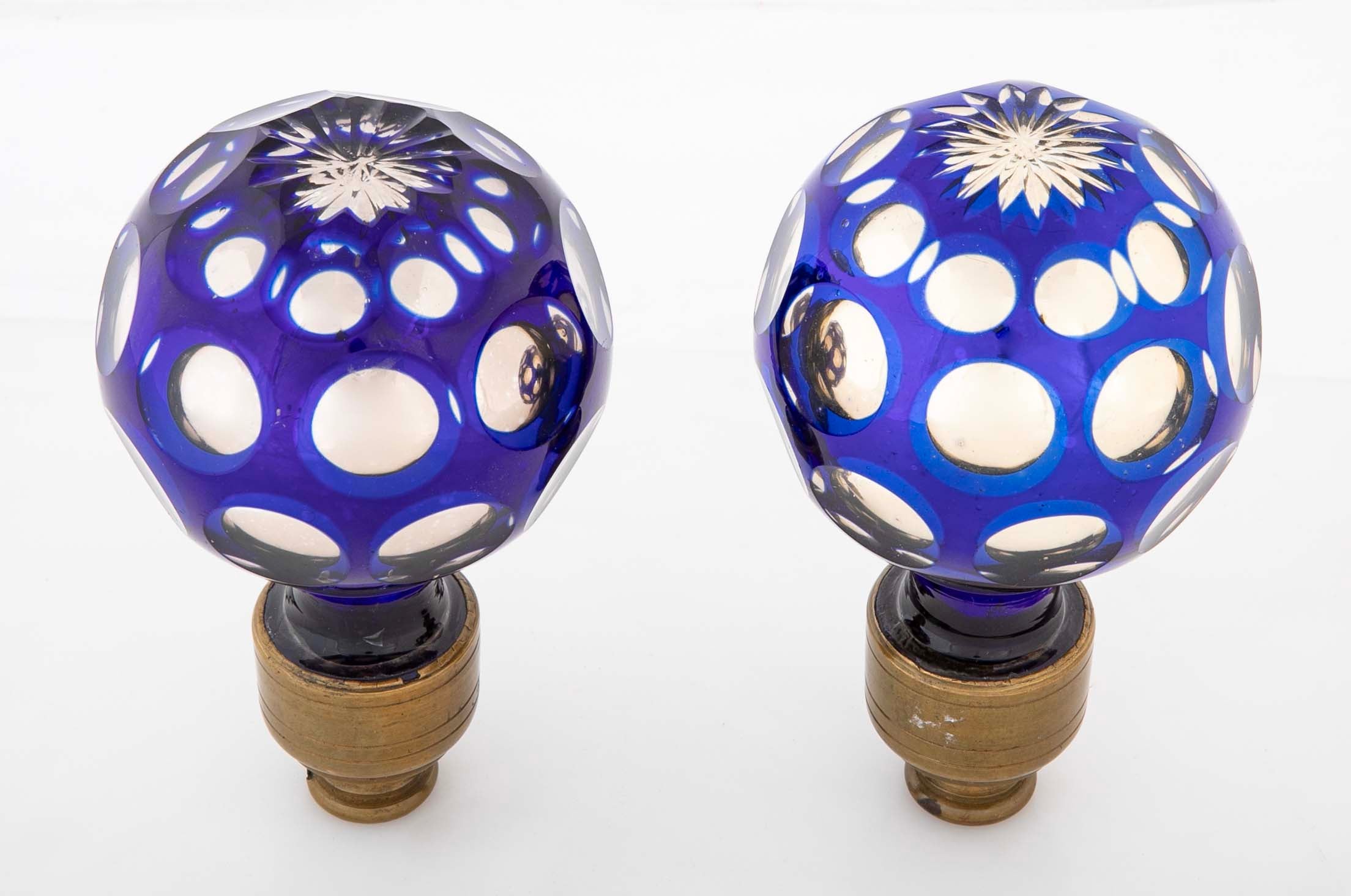 Pair of Blown Cobalt Blue Glass & Mercury Globe Newel Post Finials