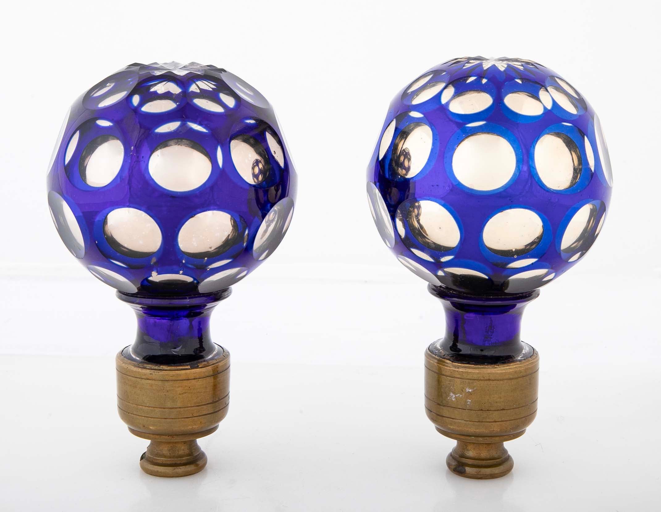 Pair of Blown Cobalt Blue Glass & Mercury Globe Newel Post Finials