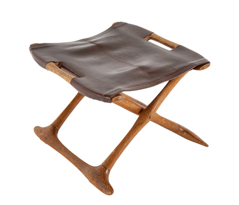 Mid-Century Danish Folding Stool with Leather Seat