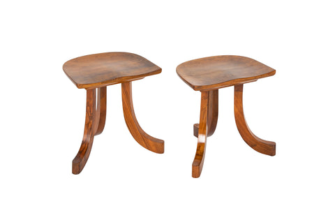 Pair of Walnut Tripod Thebes Stools in the Manner of Liberty & Co.