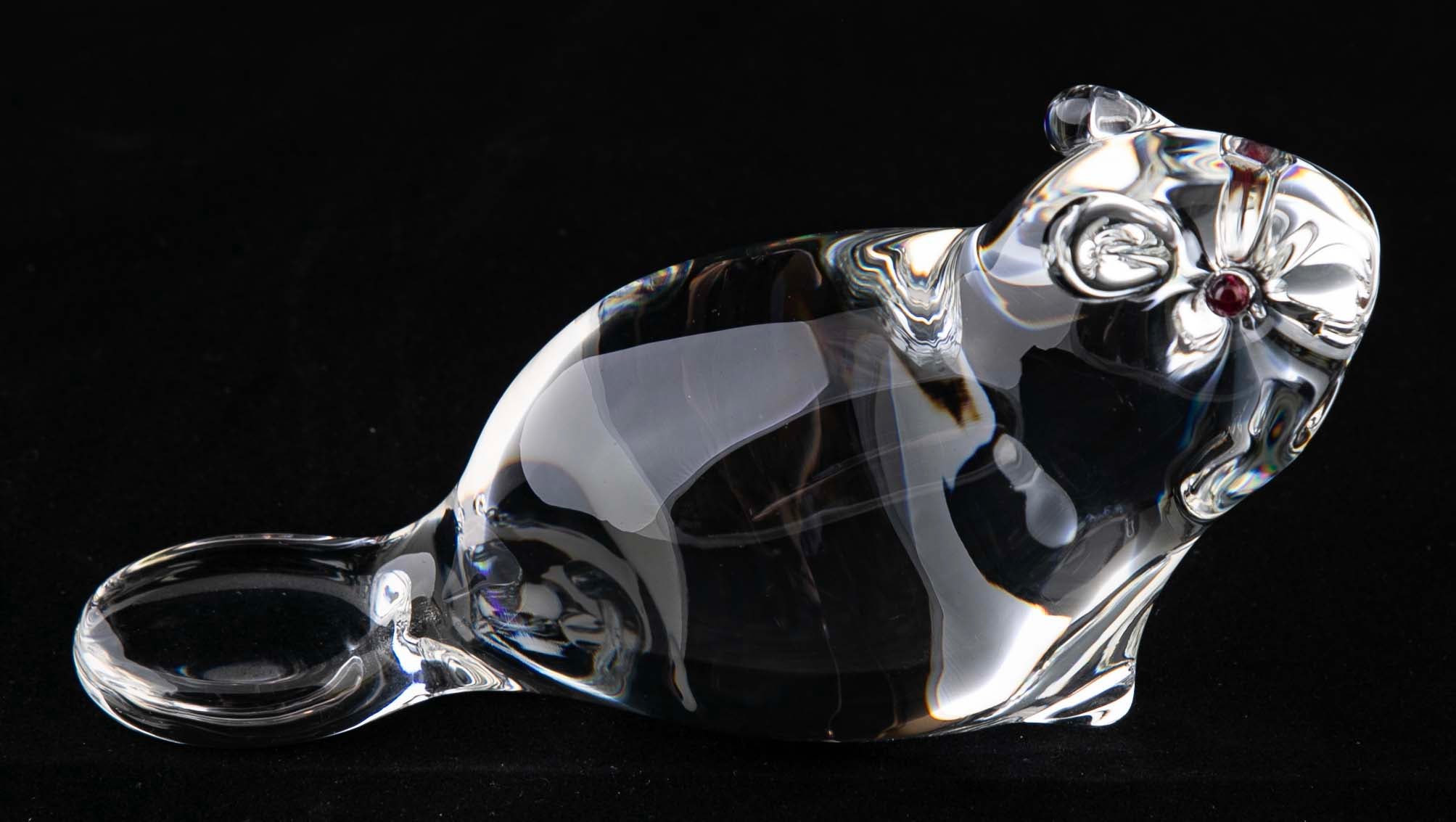 Pair of Steuben Crystal Beavers with Ruby Red Eyes