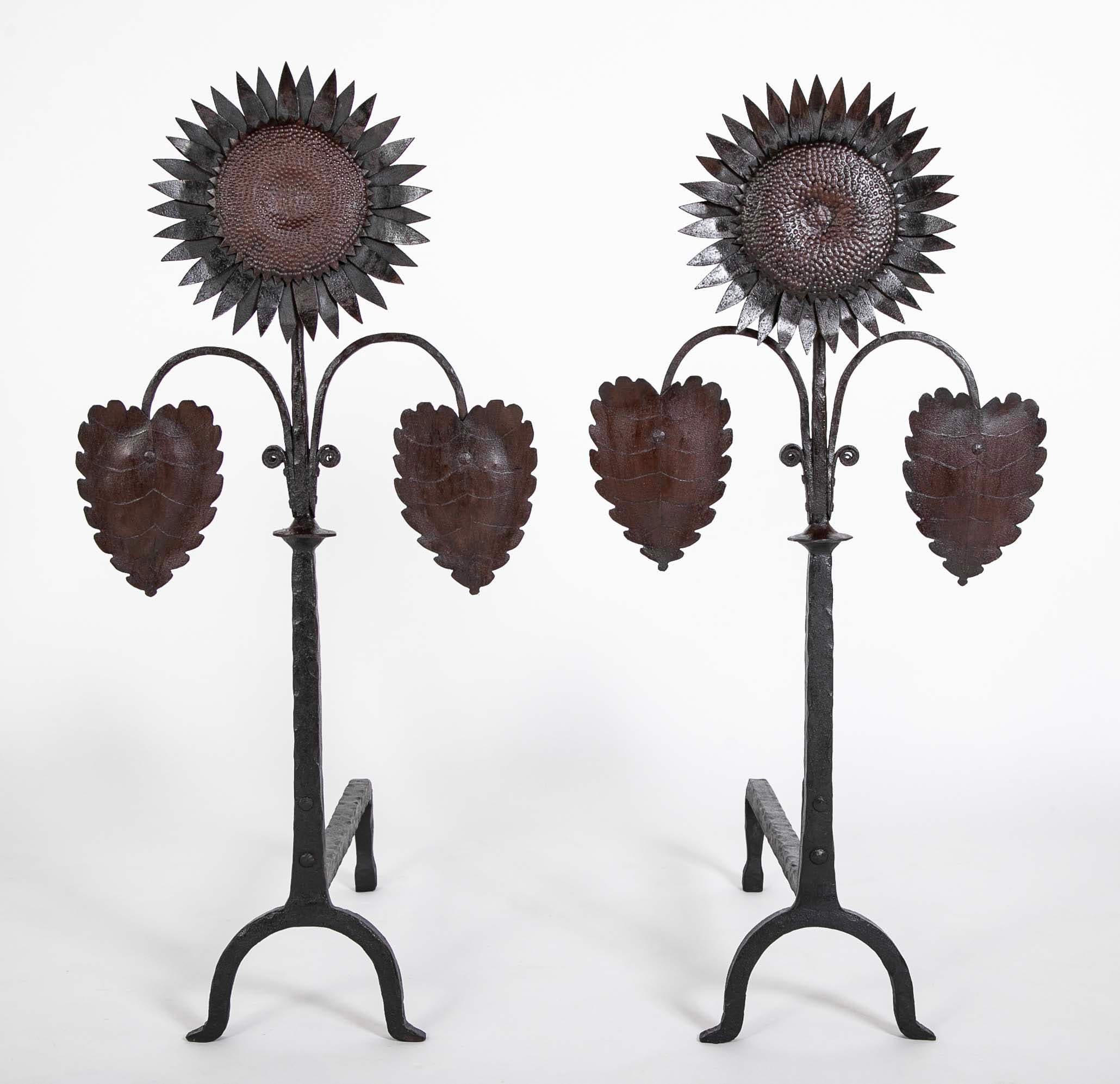 Handsome Pair of Arts & Crafts Sunflower Form Andirons
