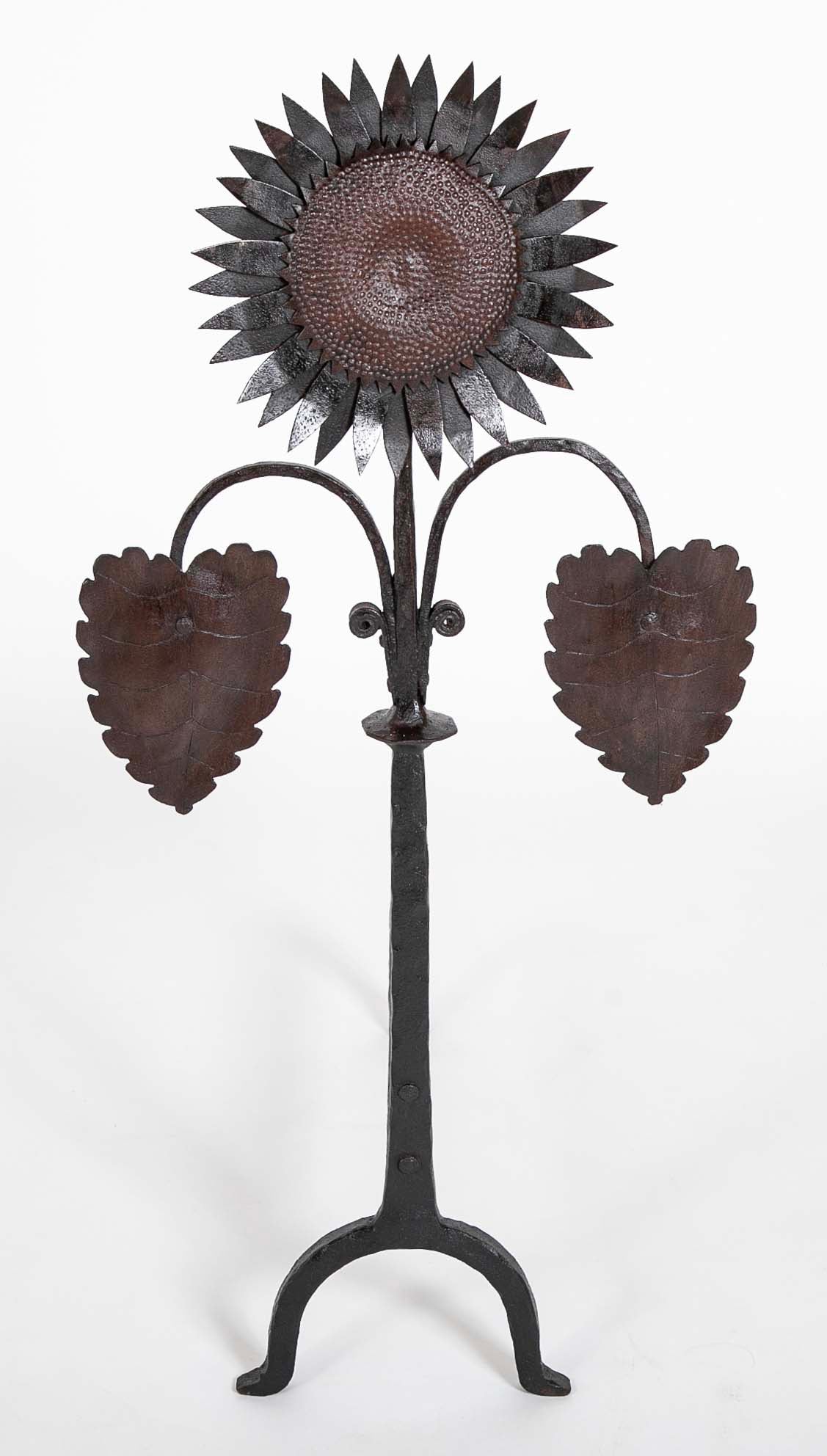 Handsome Pair of Arts & Crafts Sunflower Form Andirons
