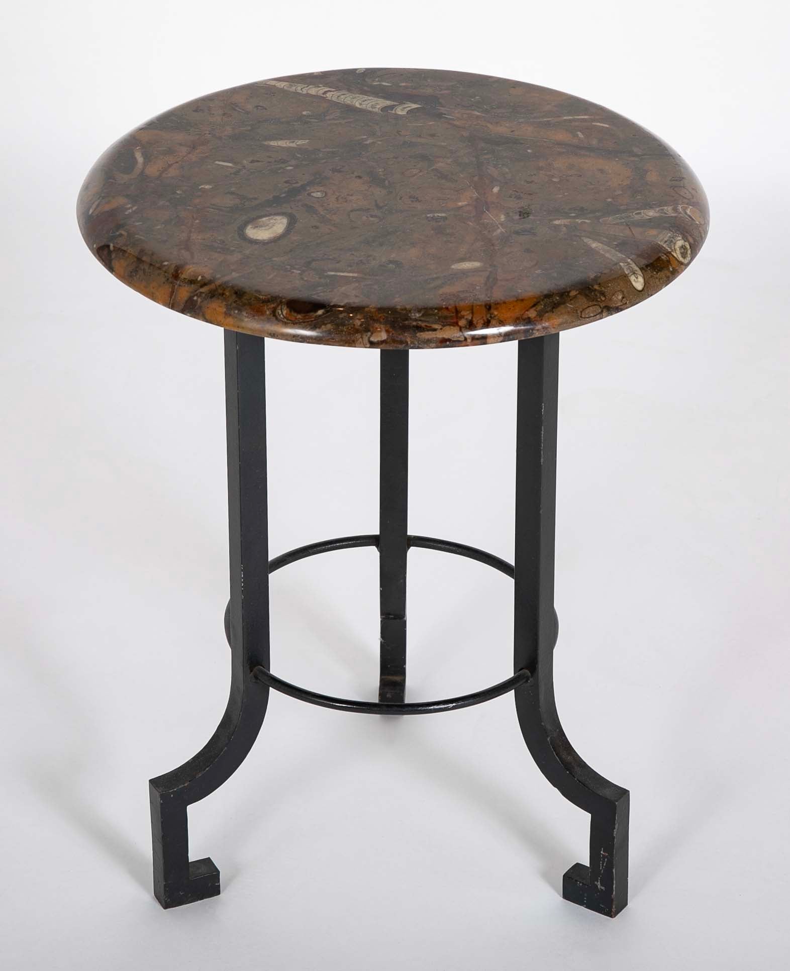 Round Fossilized Top Three Legged Pedestal Table Base in Black Lacquered Metal