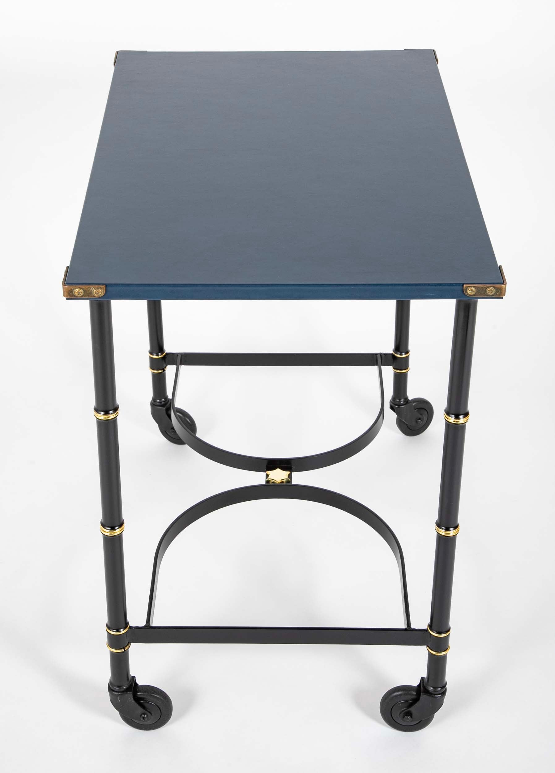 Jacques Adnet Metal, Leather and Wood Side Table on Casters