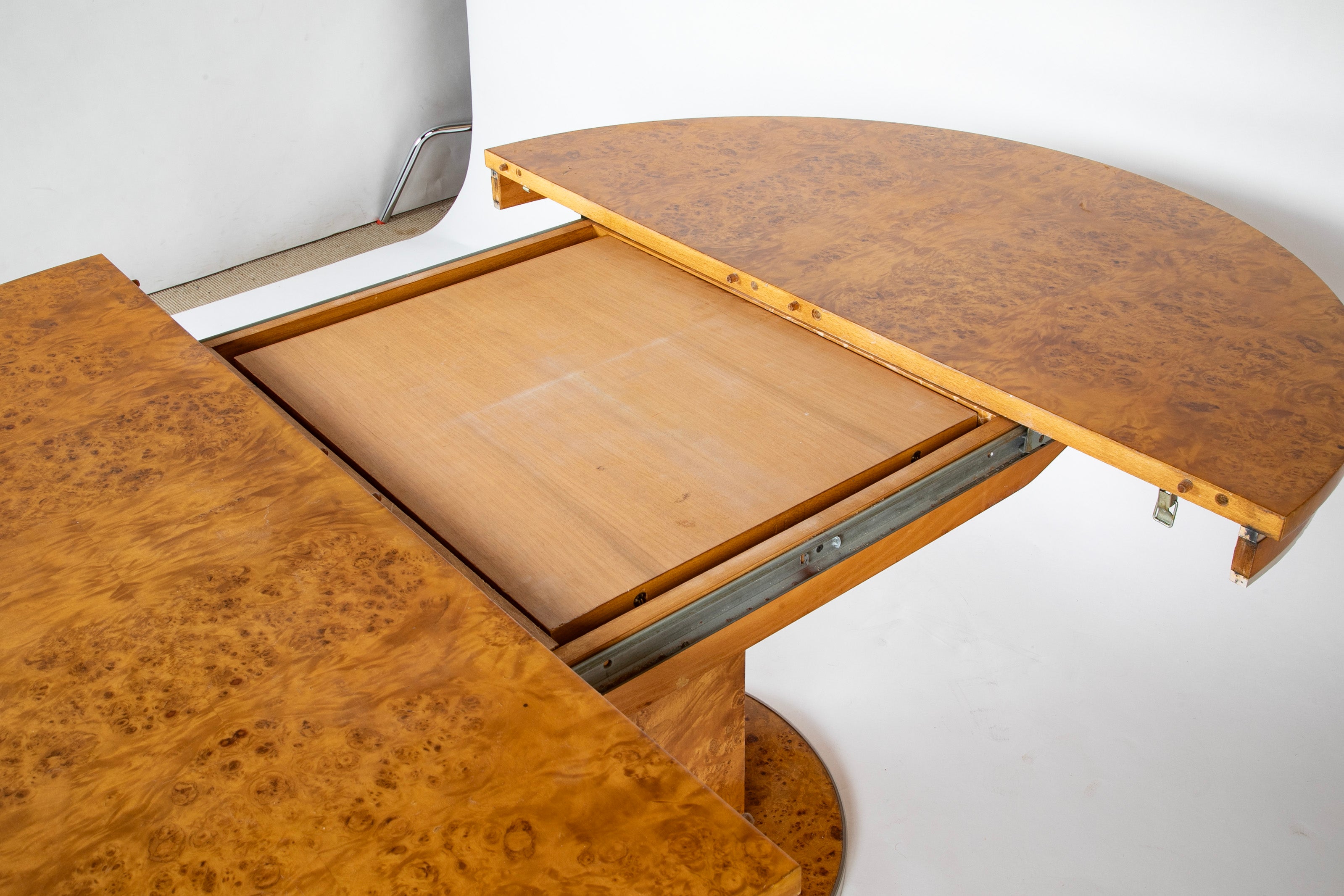 Amboyna Veneer Round Table with Metal Banding by Willy Rizzo