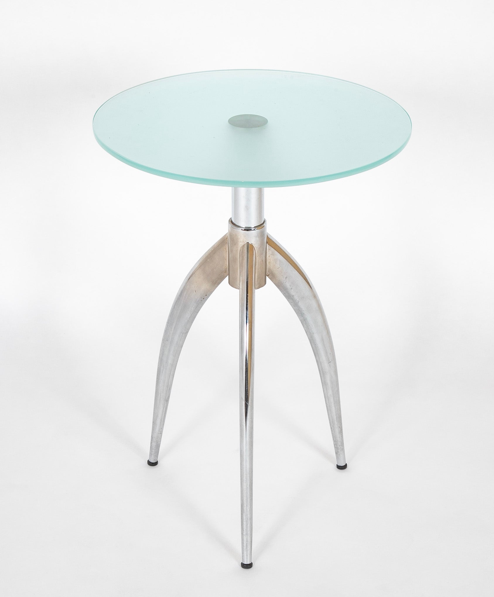 Italian Round Satin Glass Top Tripod Table with Chrome Base
