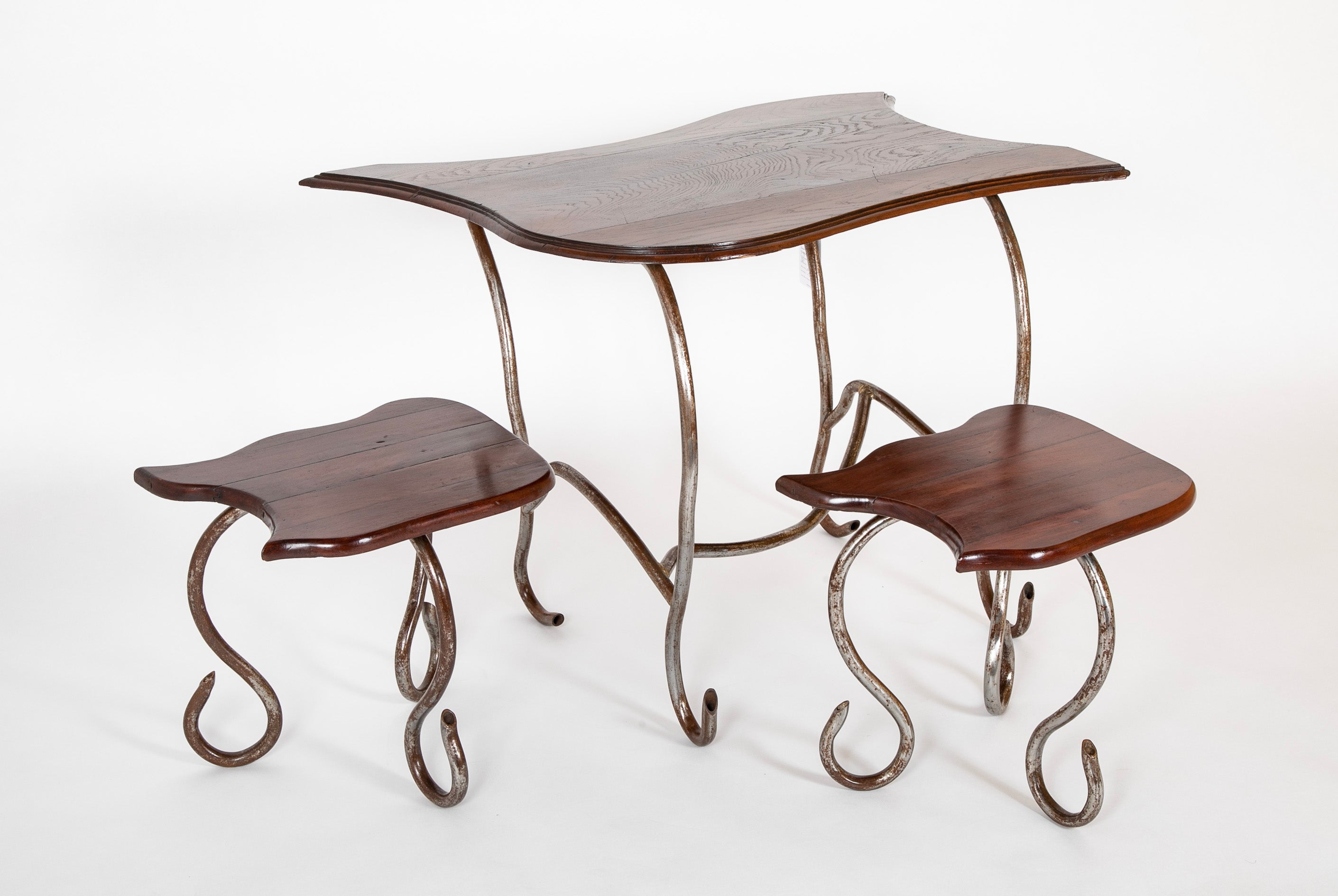 Set of Iron Table and Two Stools Having Wood Tops