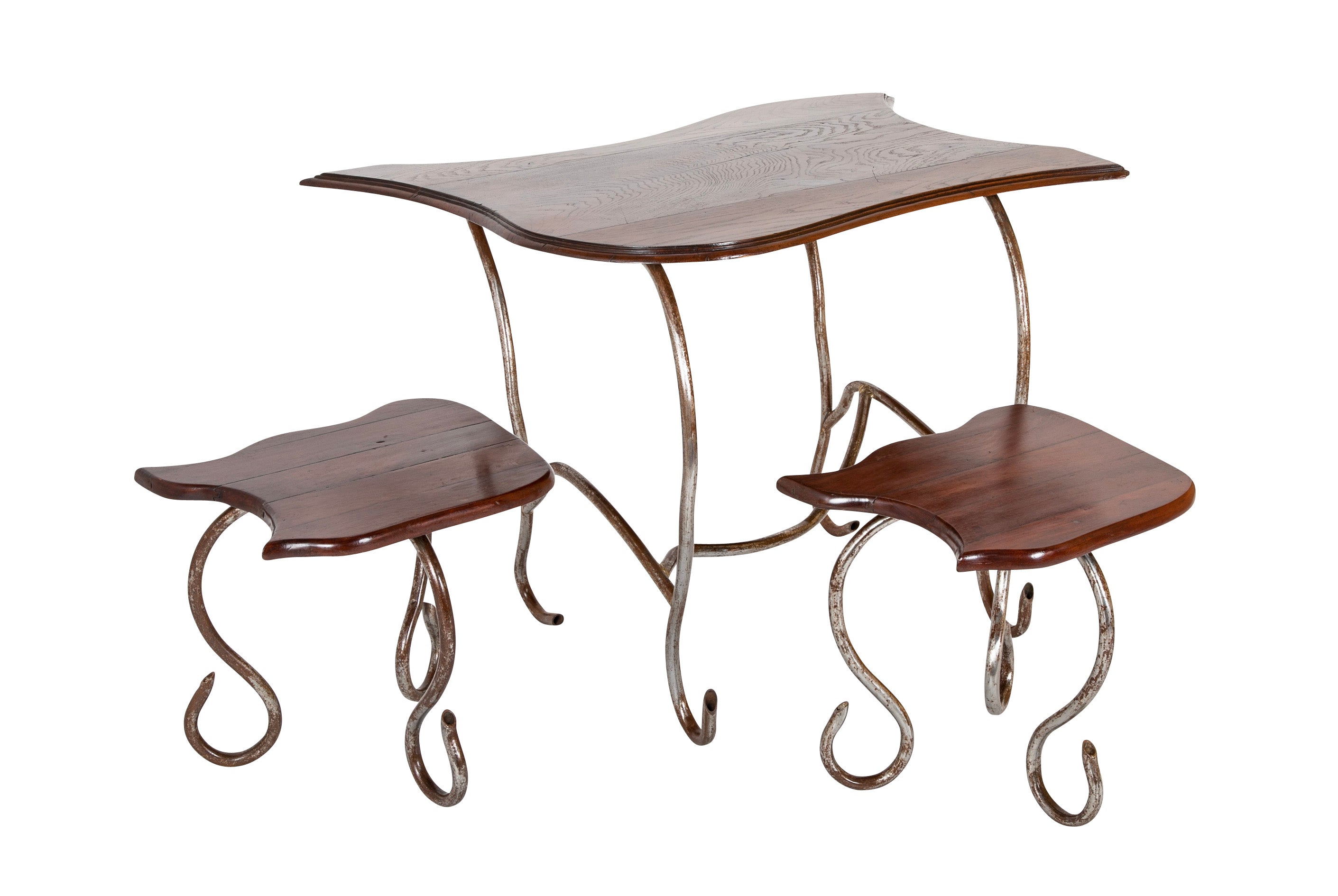 Set of Iron Table and Two Stools Having Wood Tops