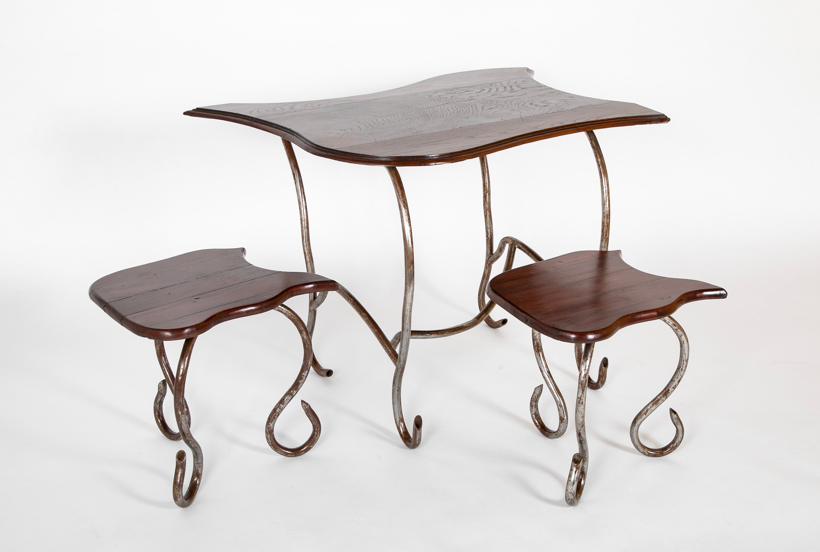 Set of Iron Table and Two Stools Having Wood Tops