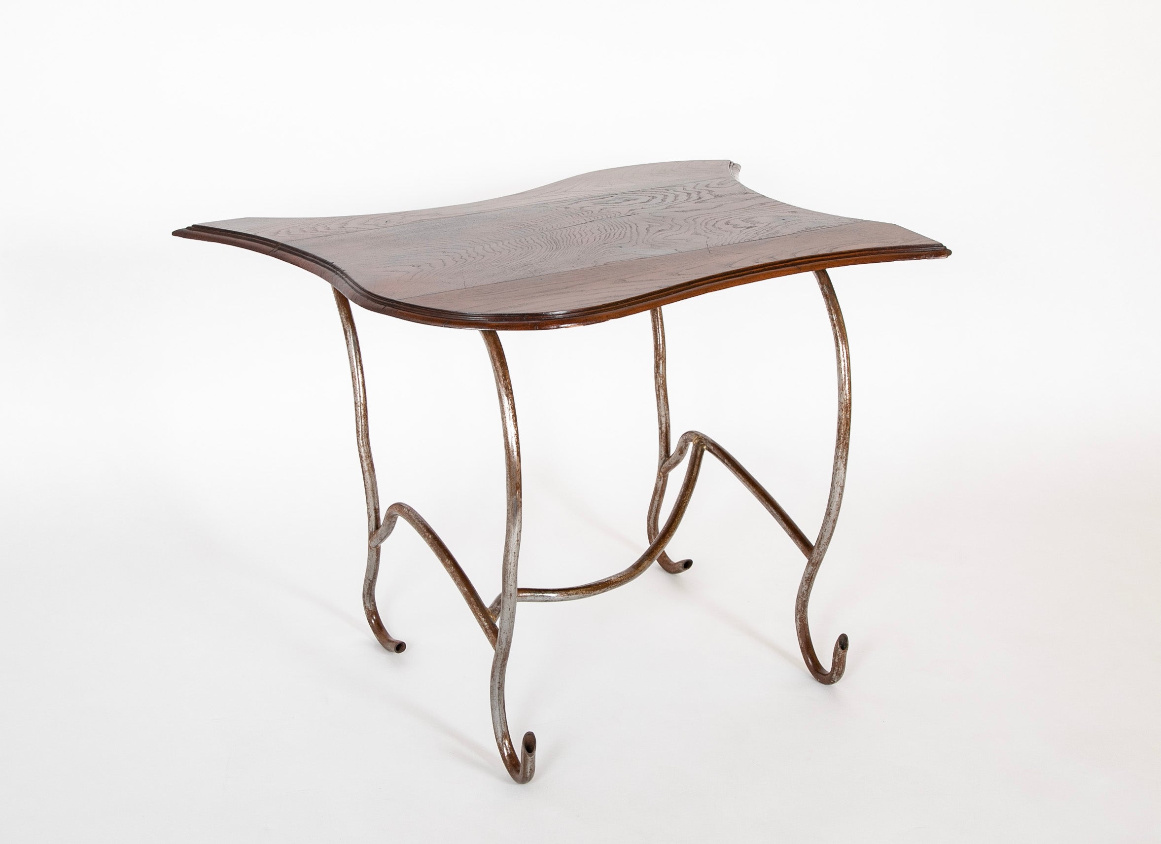 Set of Iron Table and Two Stools Having Wood Tops