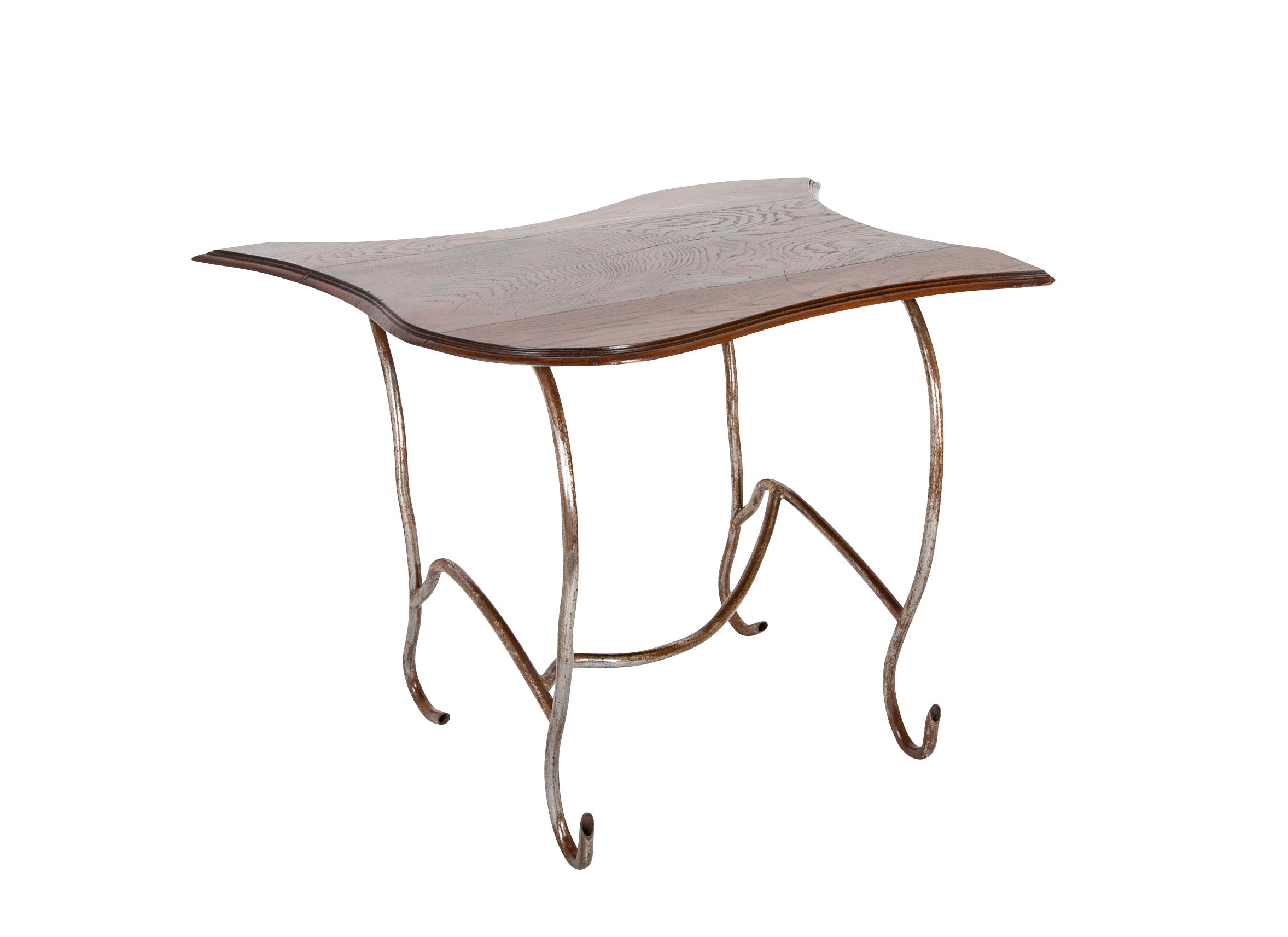 Set of Iron Table and Two Stools Having Wood Tops
