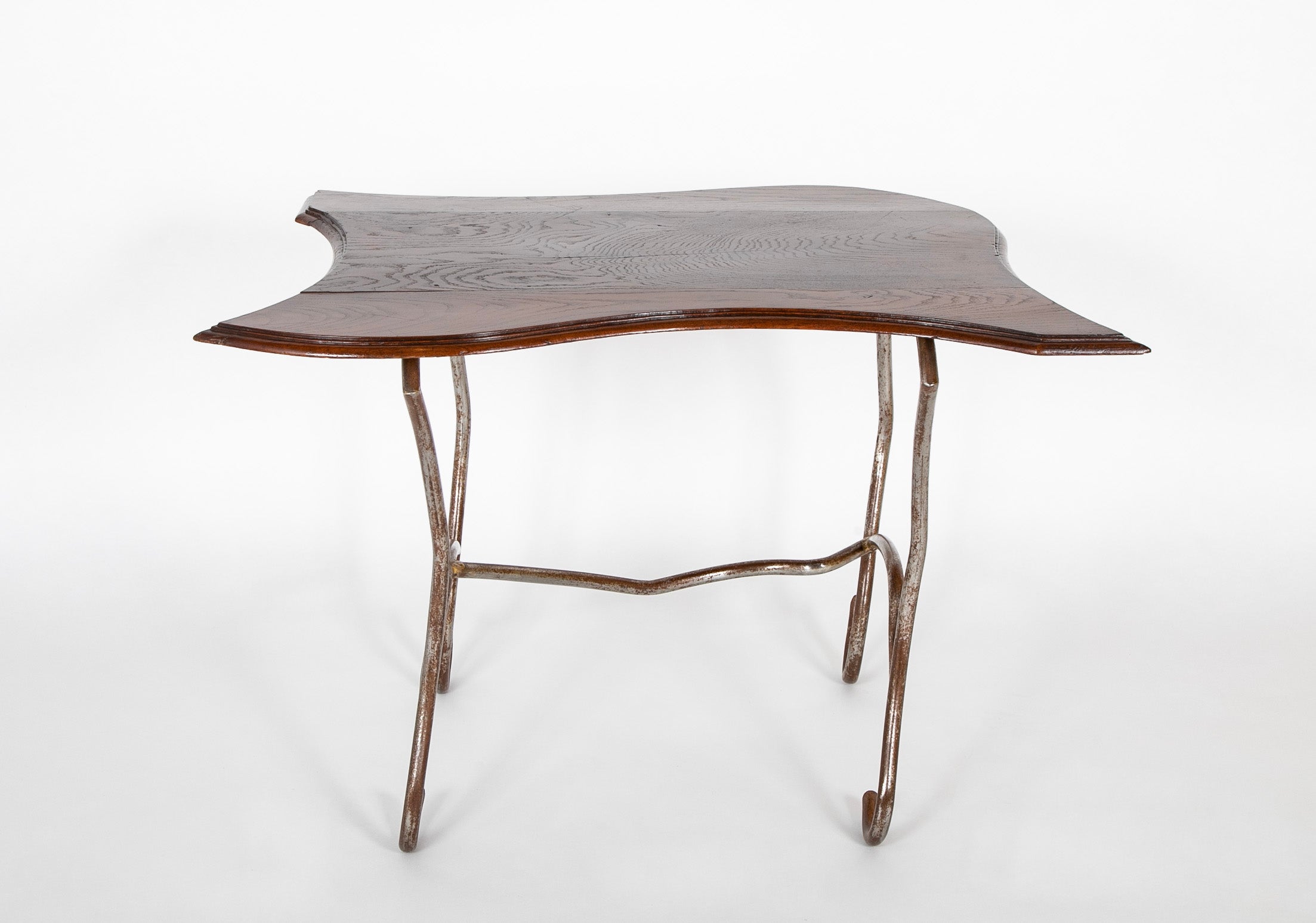 Set of Iron Table and Two Stools Having Wood Tops