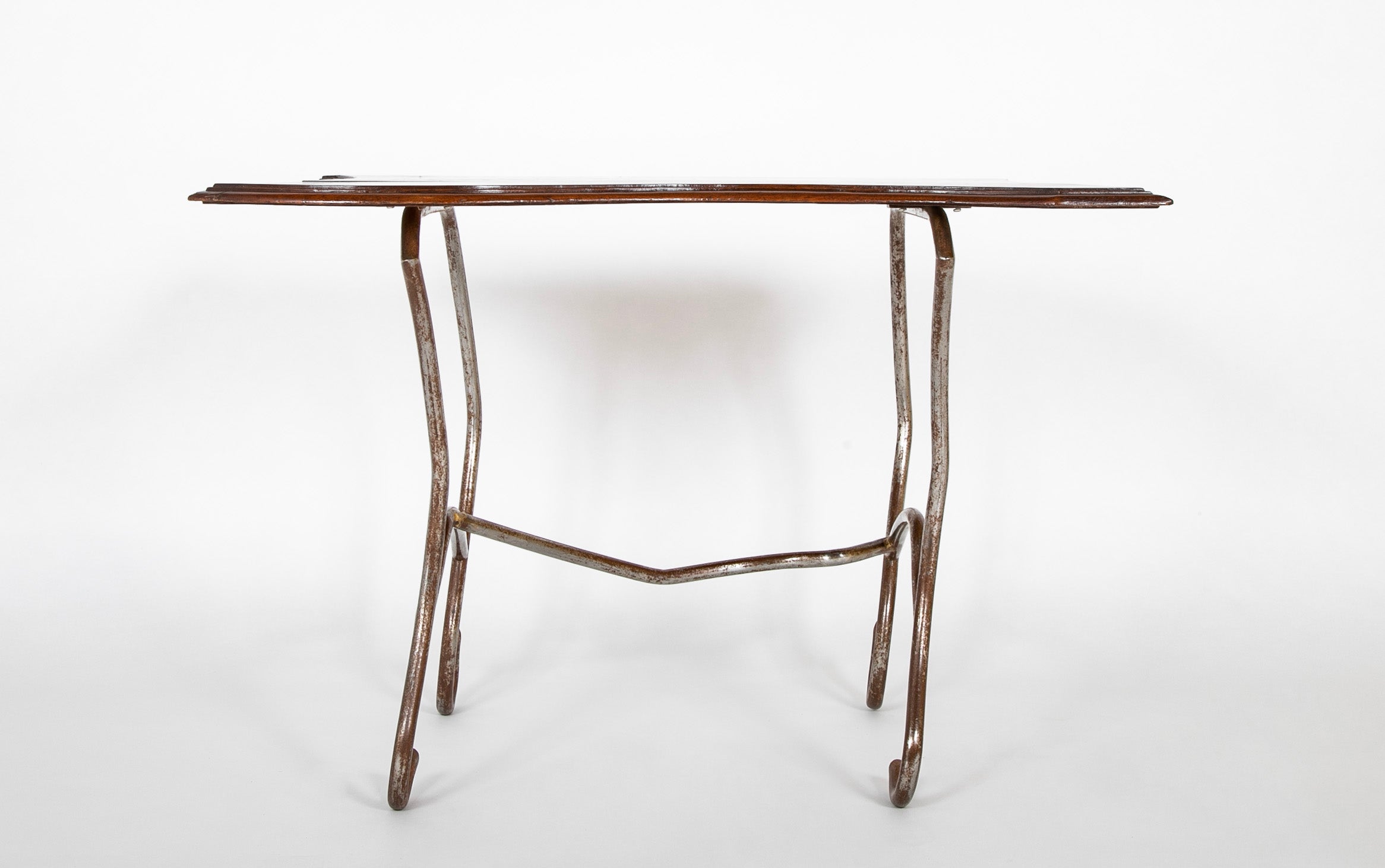 Set of Iron Table and Two Stools Having Wood Tops