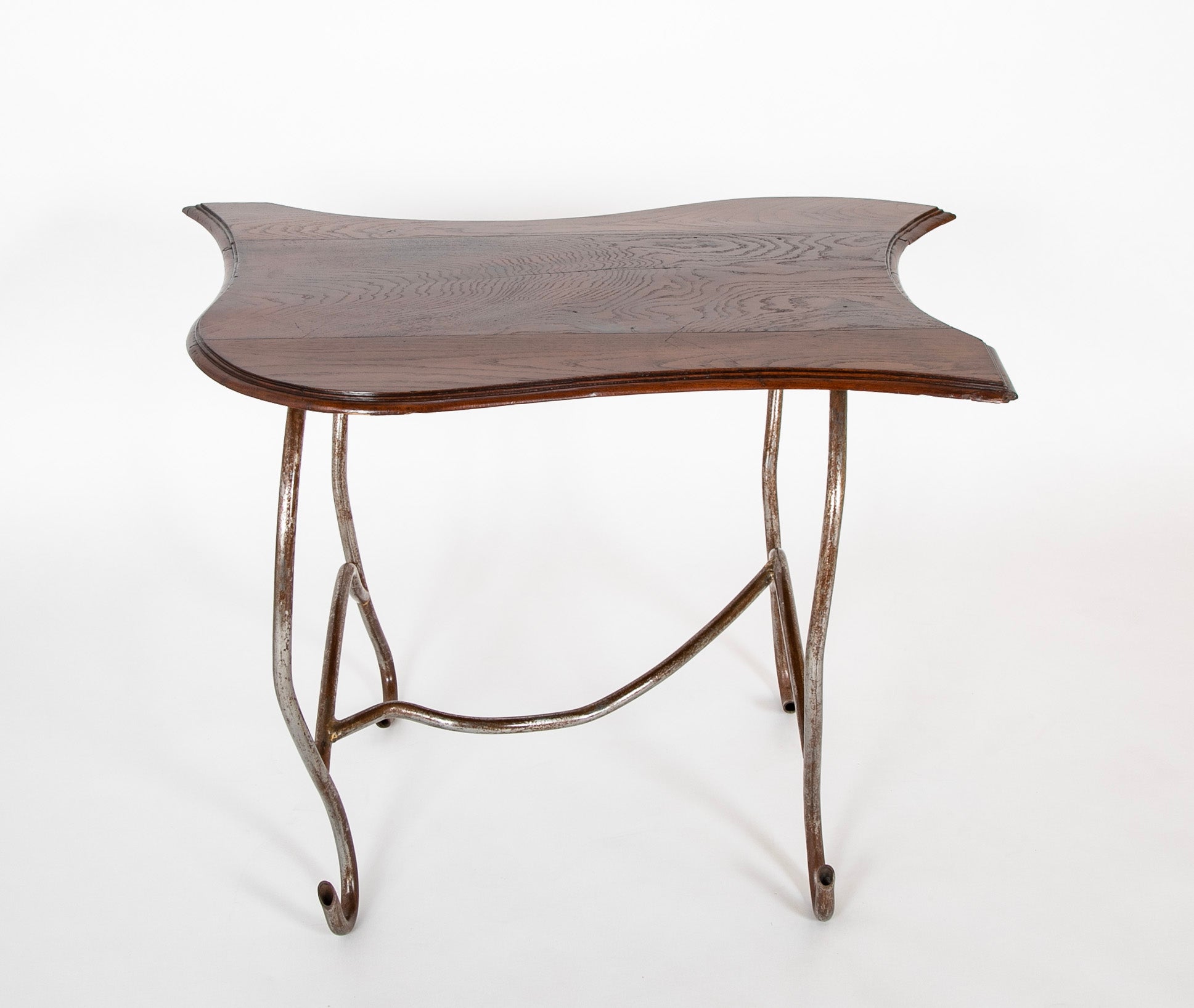 Set of Iron Table and Two Stools Having Wood Tops
