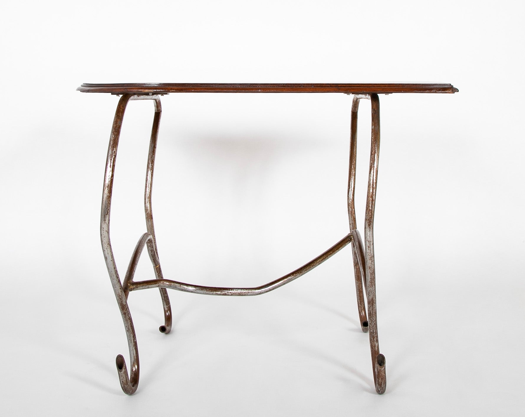 Set of Iron Table and Two Stools Having Wood Tops