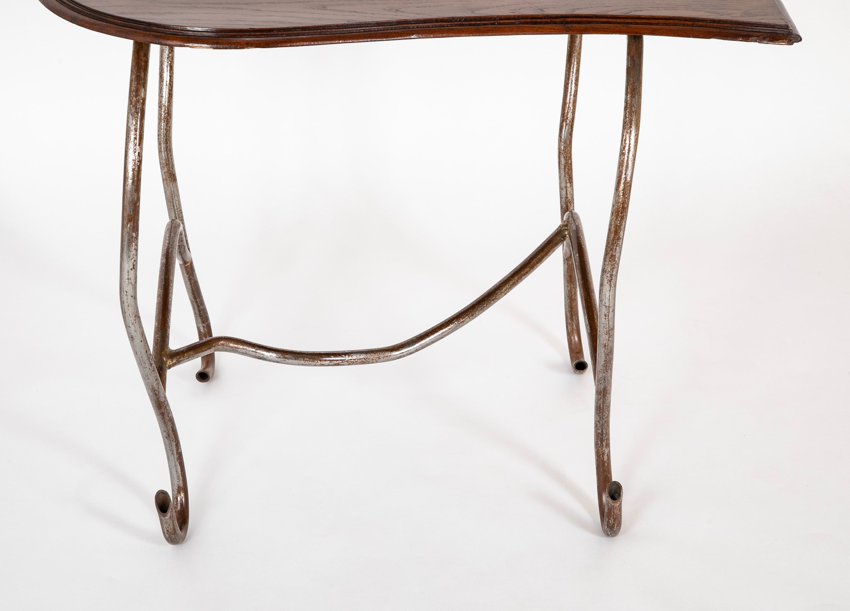 Set of Iron Table and Two Stools Having Wood Tops
