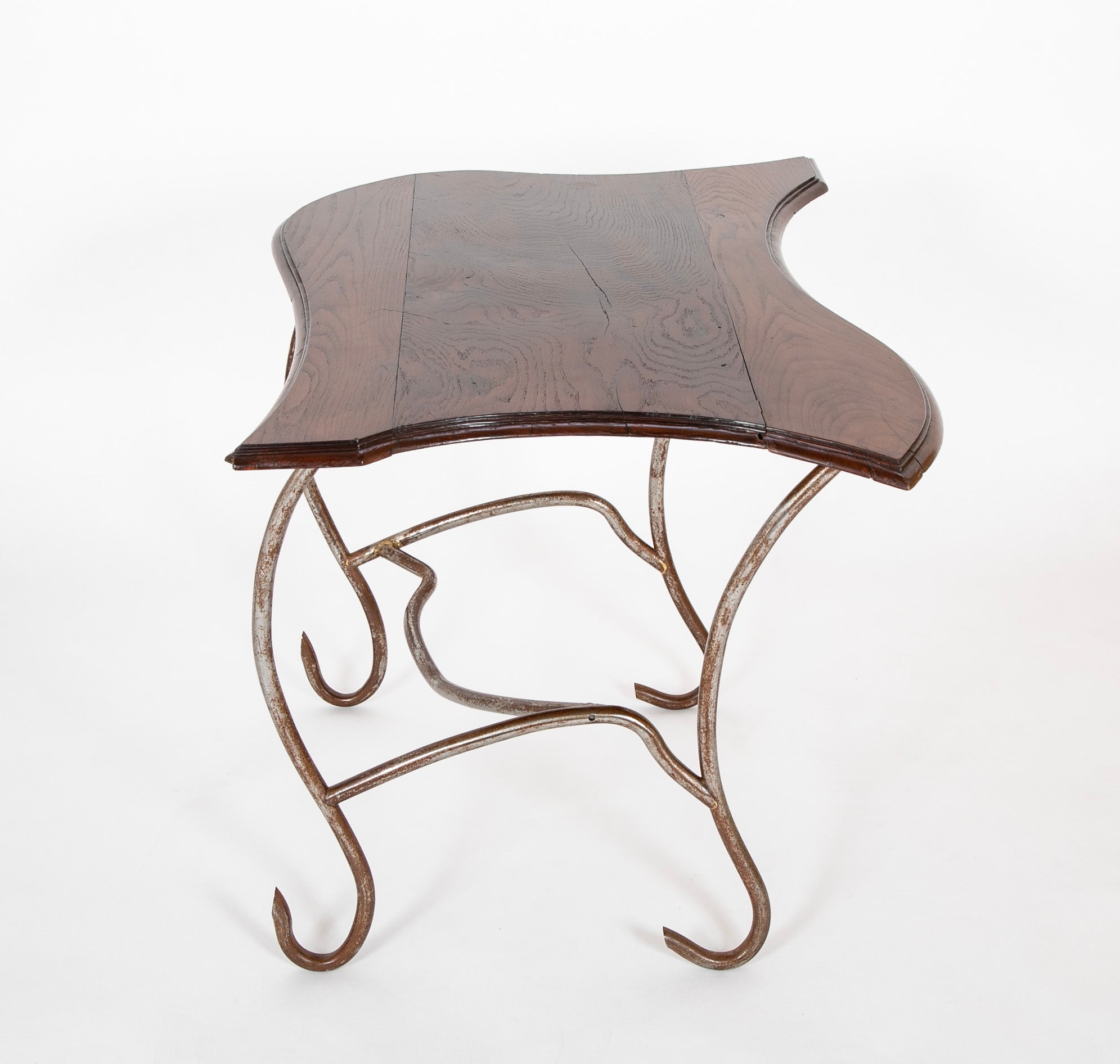 Set of Iron Table and Two Stools Having Wood Tops