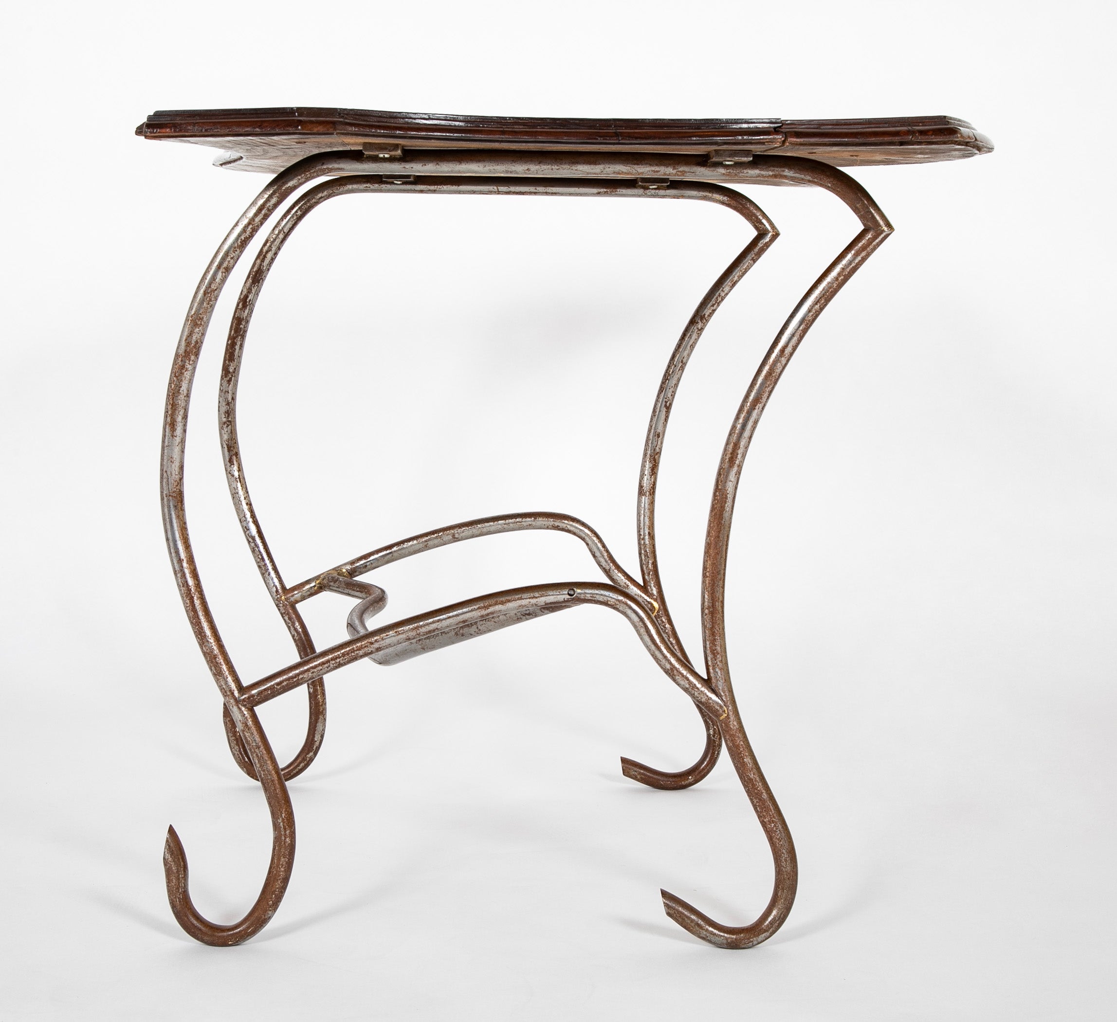 Set of Iron Table and Two Stools Having Wood Tops