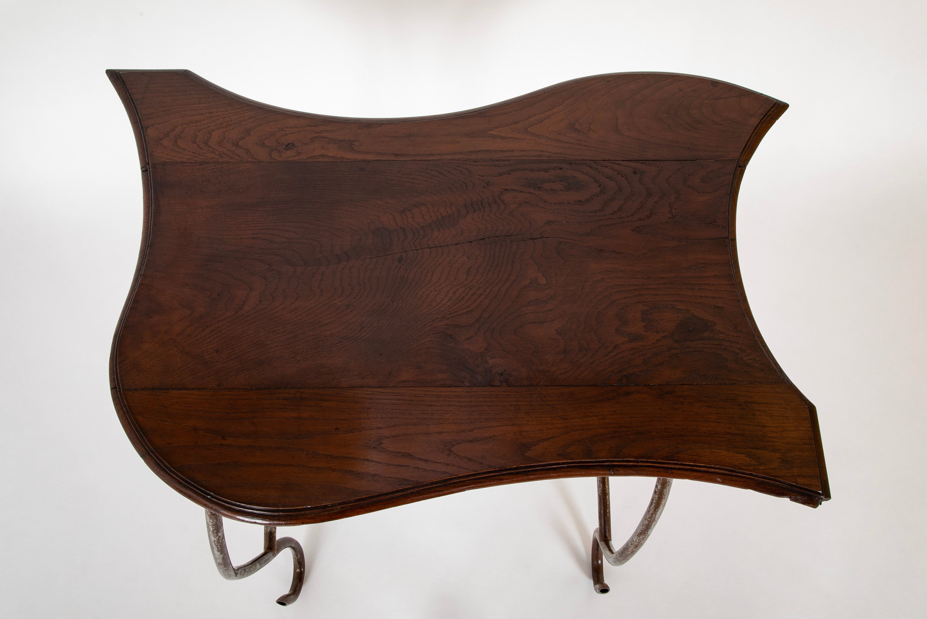 Set of Iron Table and Two Stools Having Wood Tops