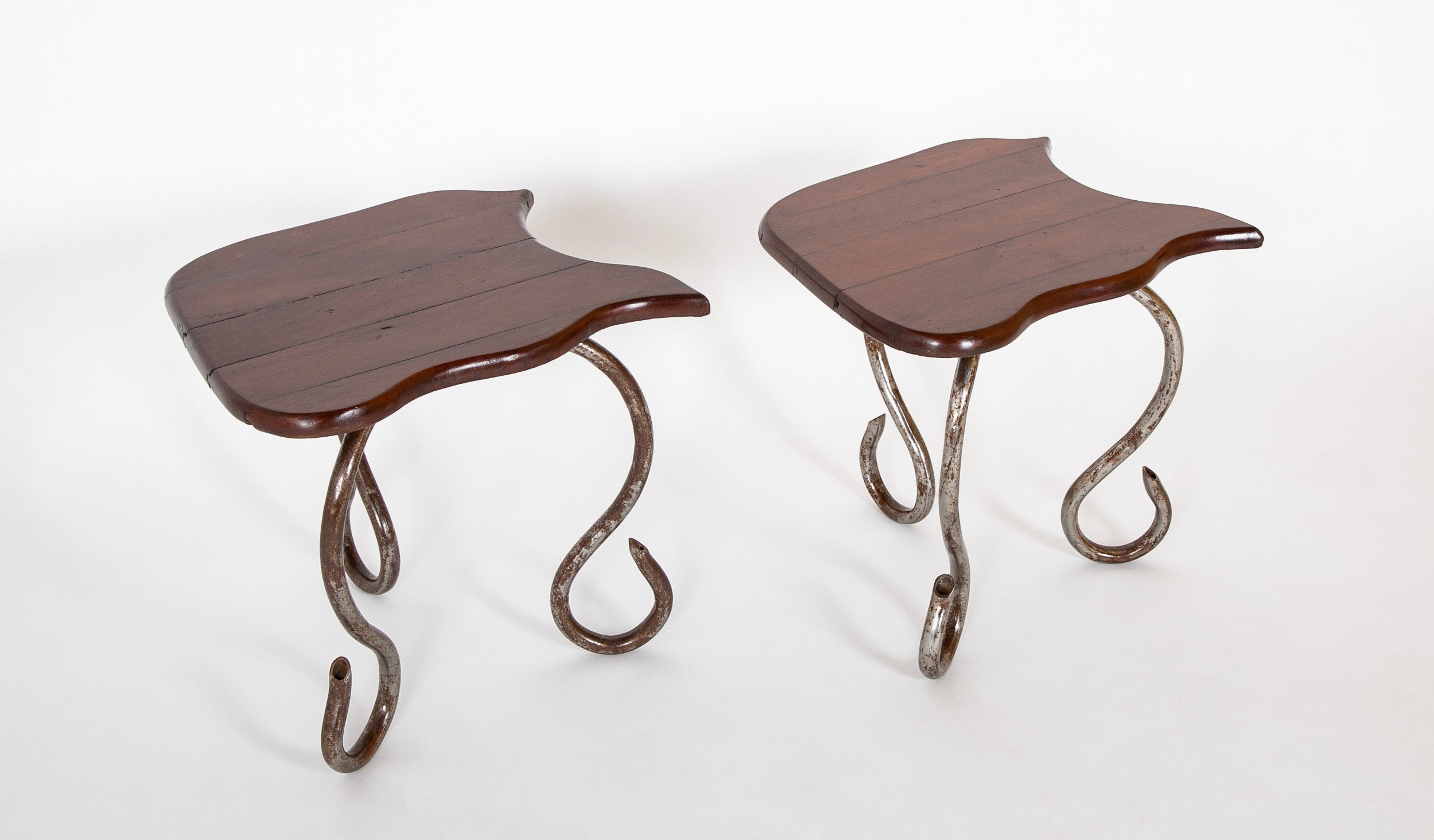 Set of Iron Table and Two Stools Having Wood Tops