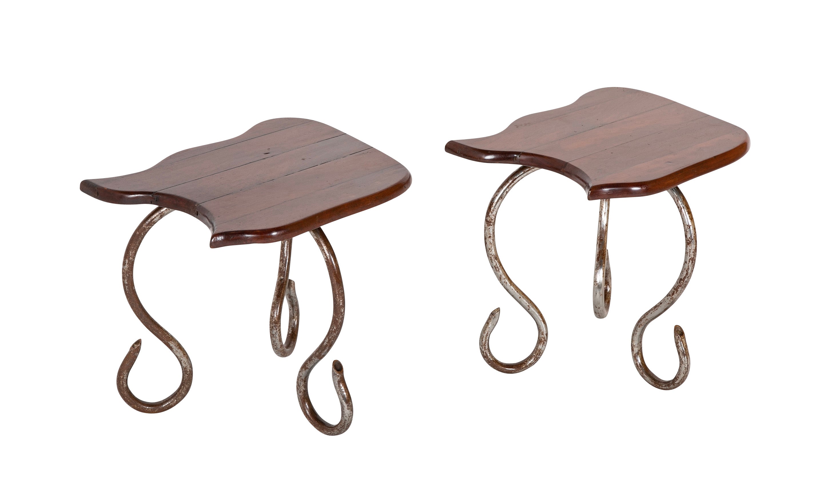 Set of Iron Table and Two Stools Having Wood Tops