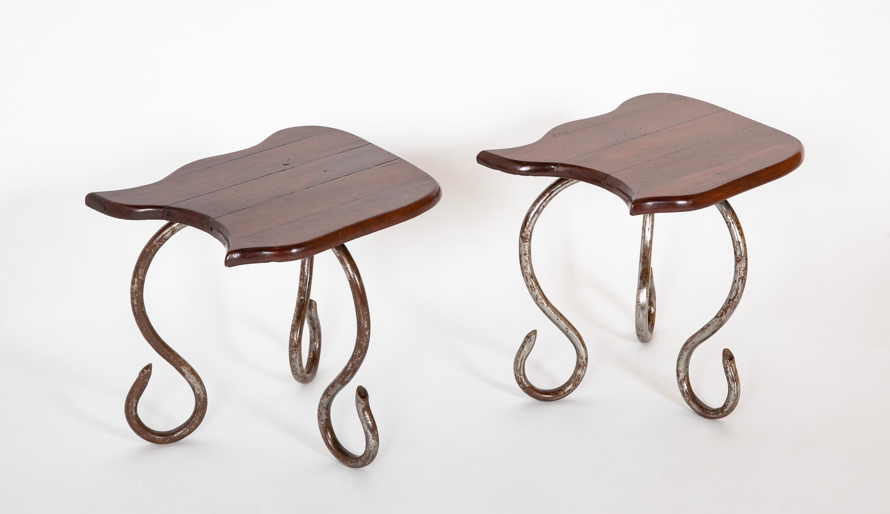 Set of Iron Table and Two Stools Having Wood Tops